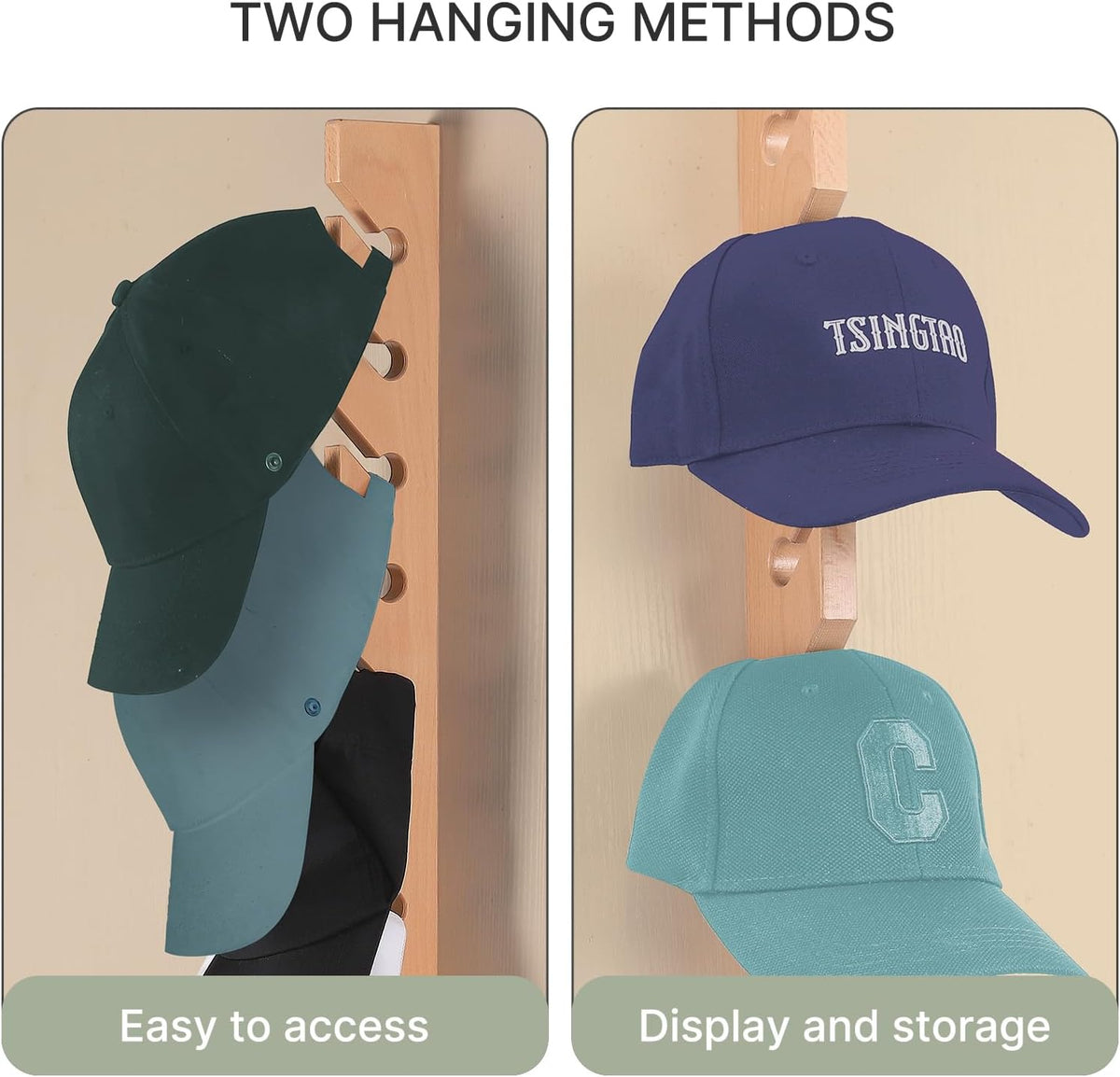3 Pack Beech Wood Hat Rack for Wall – 10 Hooks Baseball Cap Organizer | Vertical Hats Hooks & Display Holder Storage