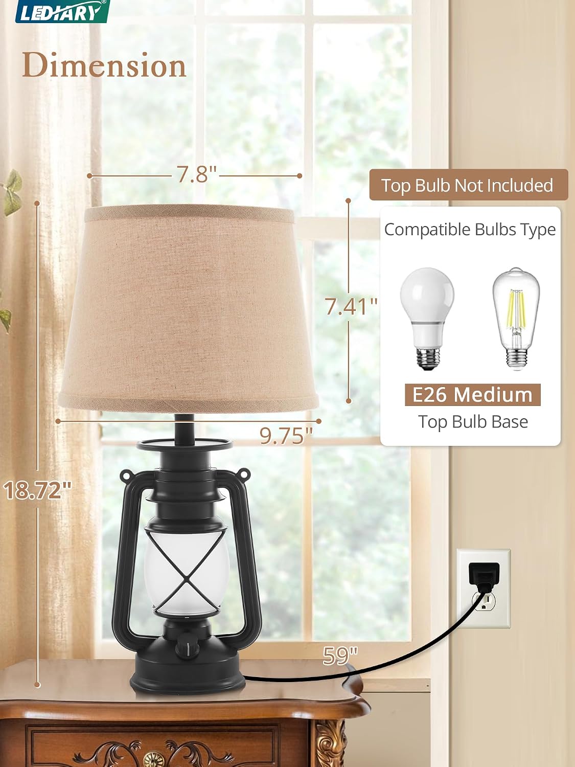 LEDIARY 18.72" Black LED Lantern Flickering Flame Table Lamps Set of 2 | Small Farmhouse Vintage End Table Lamps