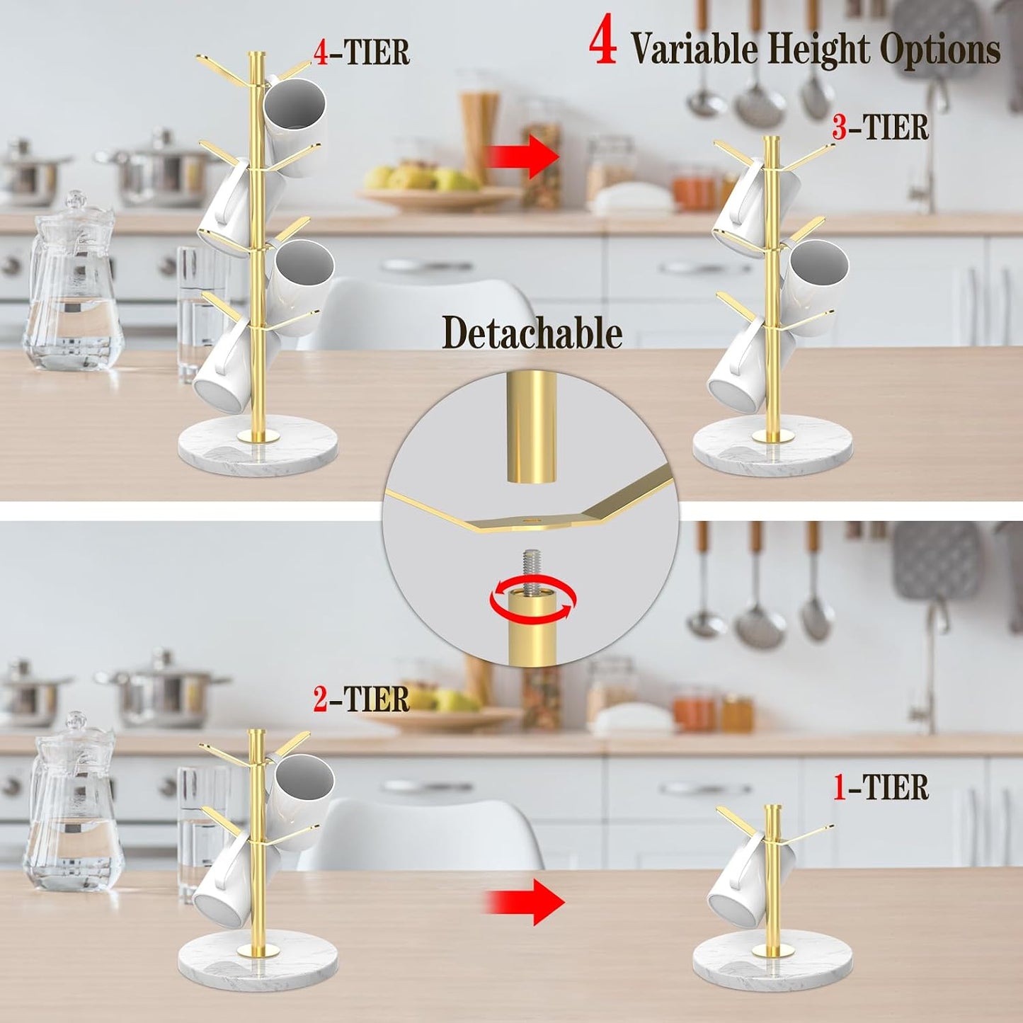 Gold Marble Mug Holder Tree with 2–8 Adjustable Hooks | Detachable Stainless Steel Coffee Cup Stand with Modular Height