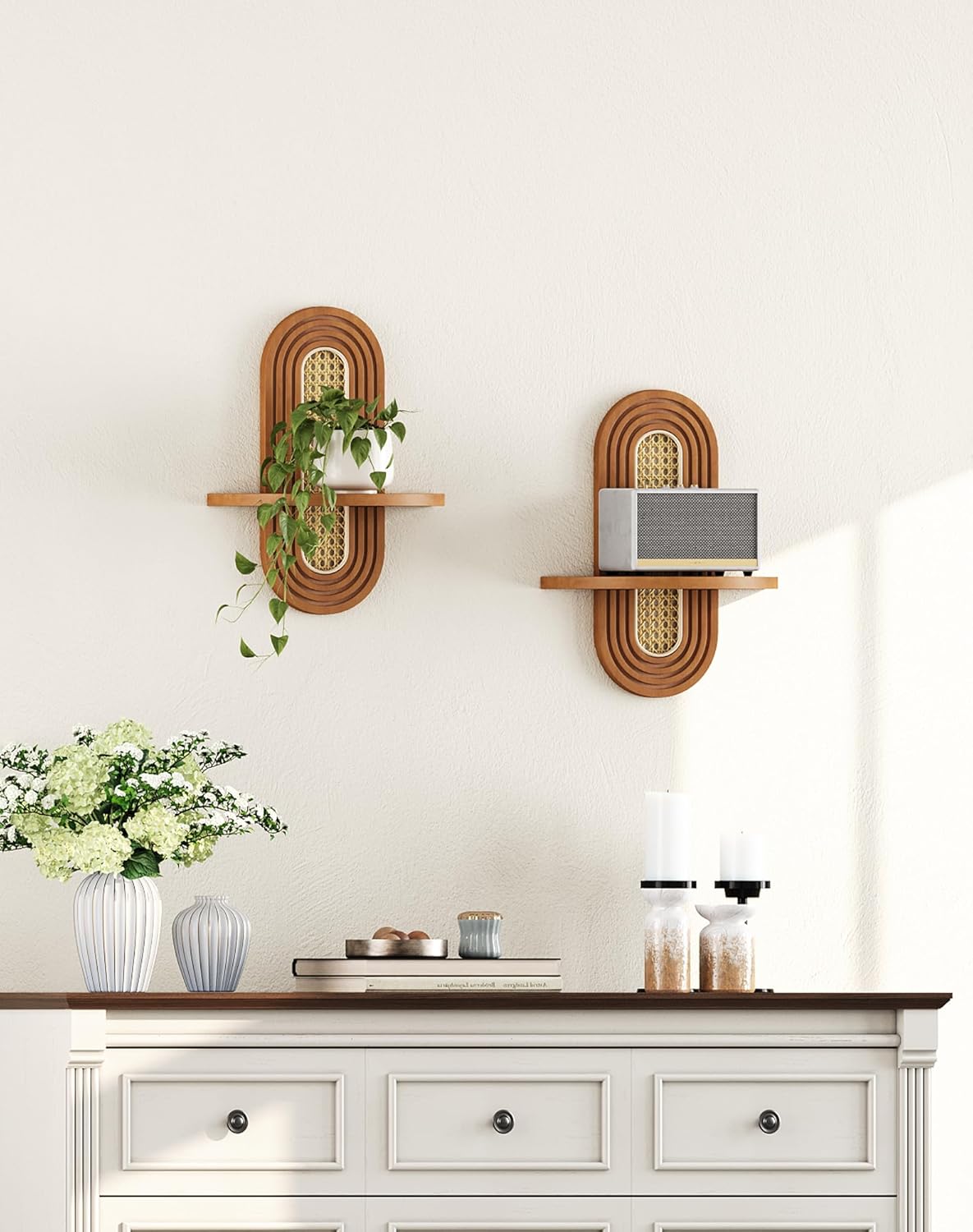 Floating Shelves / Rattan Plant Shelf / Walnut / Set of 2