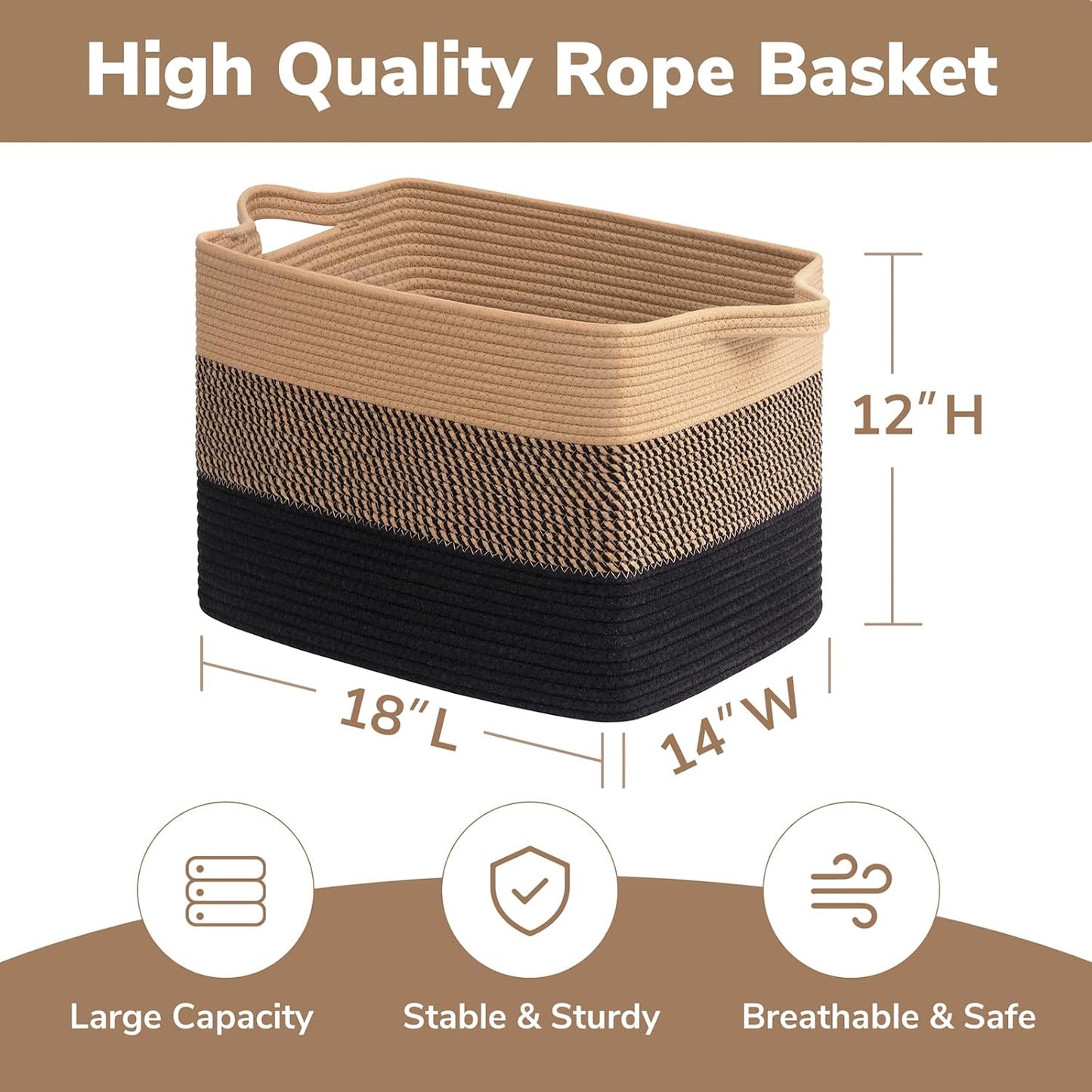 Rectangle Wicker Laundry Basket / Gradient Black / 18"L x 14"W x 12"H / 18 x 14 x 12