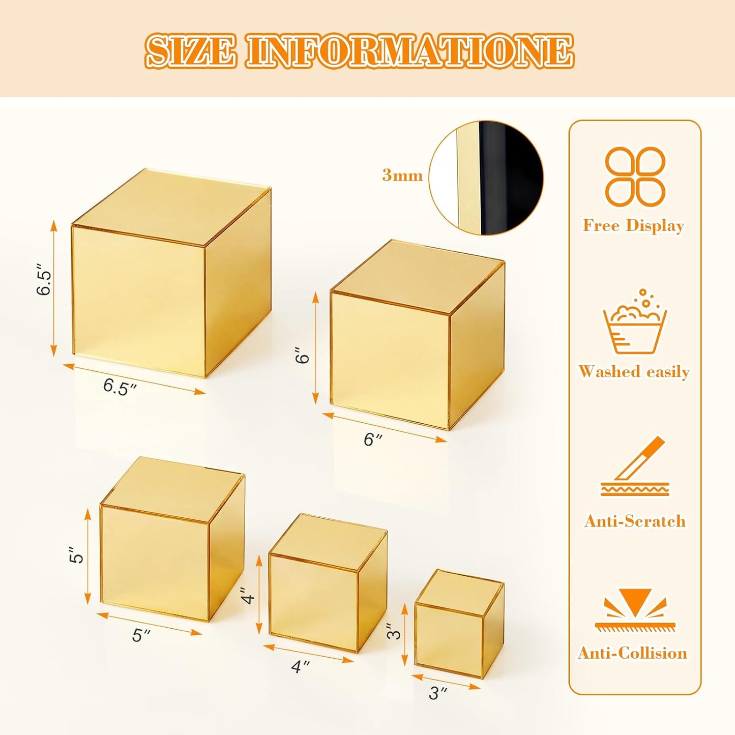 Hollow Bottom Acrylic Cube Stand Boxes for Display / Gold Mirror / 3, 4, 5, 6, 6.5 Inch / Set of 5
