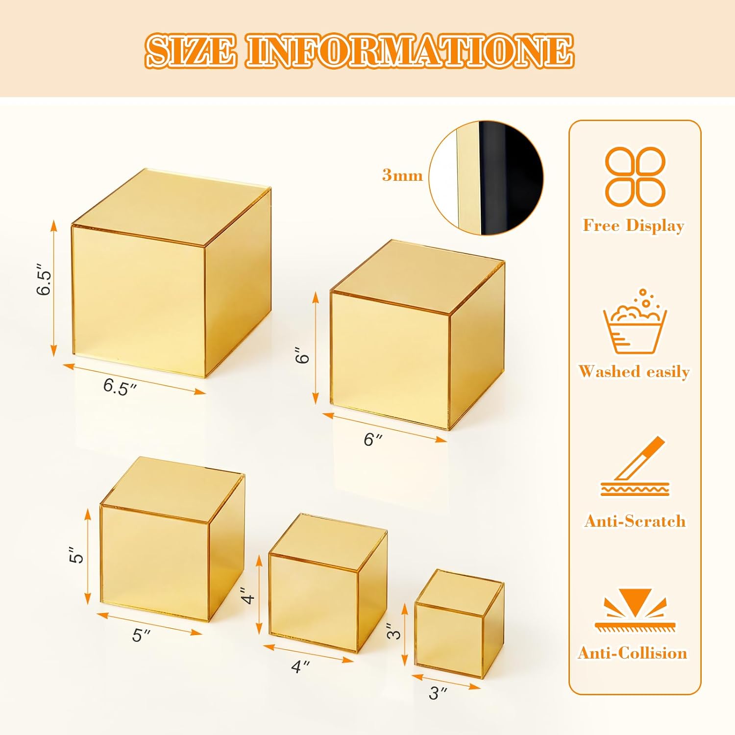 Hollow Bottom Acrylic Cube Stand Boxes for Display / Gold Mirror / 3, 4, 5, 6, 6.5 Inch / Set of 5