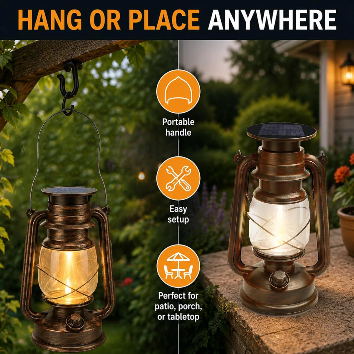 2 Pack Vintage Hanging Solar Lanterns Outdoor, IP65 Waterproof | 2 Modes (Steady & Flickering), Auto On/Off - Rustic