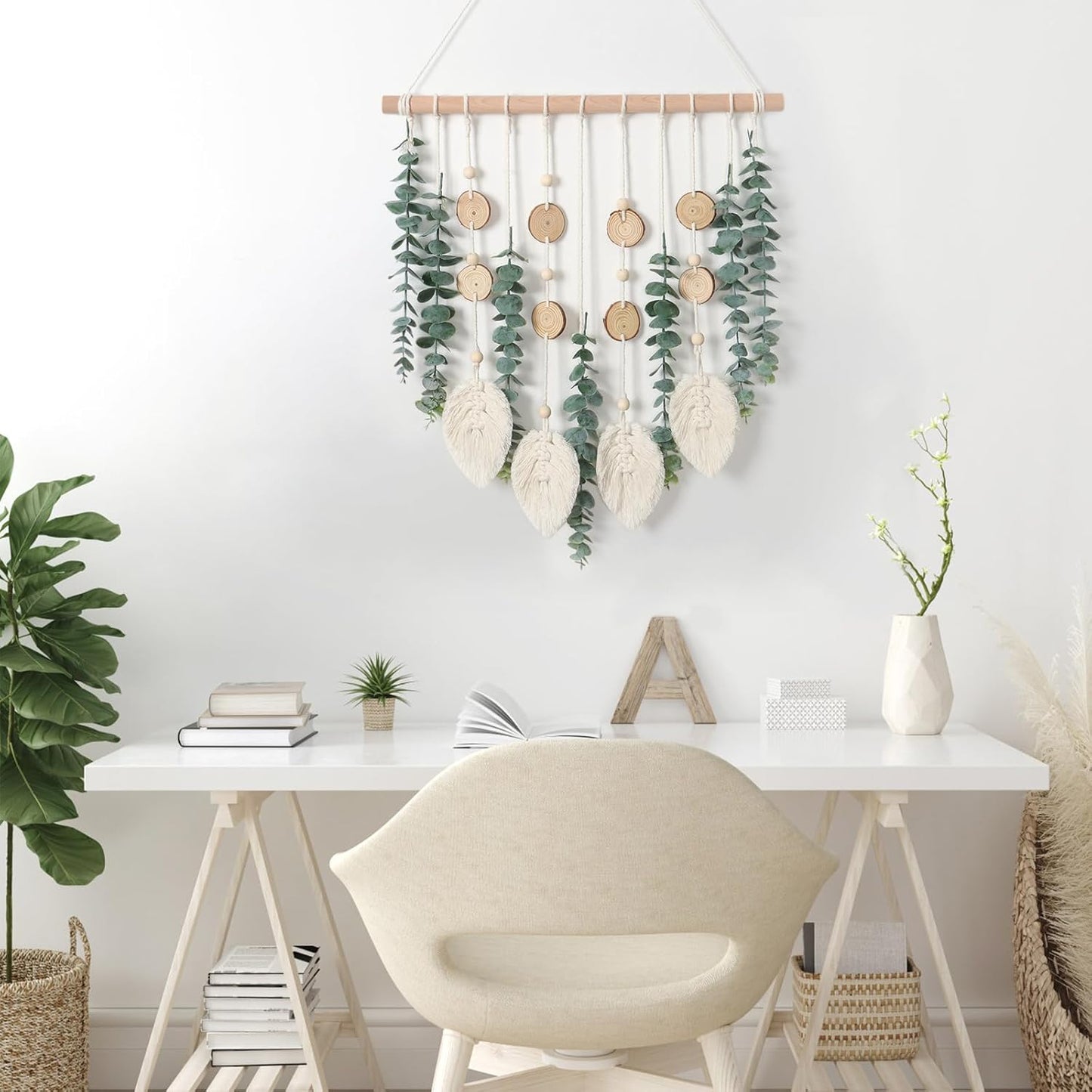 Fake Eucalyptus Stems Plants Wooden Stick Macrame / Green Eucalyptus with Macrame Leaves