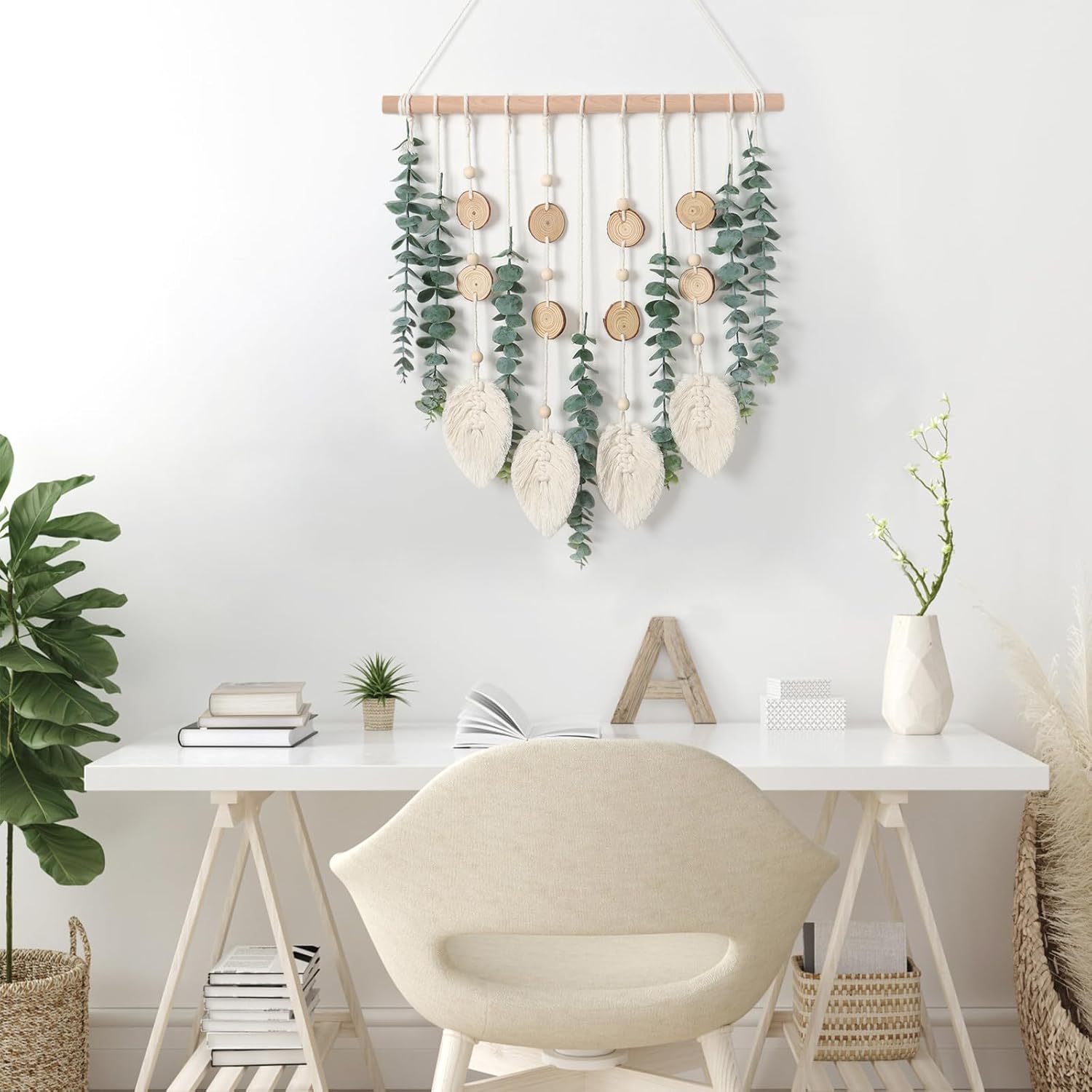 Fake Eucalyptus Stems Plants Wooden Stick Macrame / Green Eucalyptus with Macrame Leaves