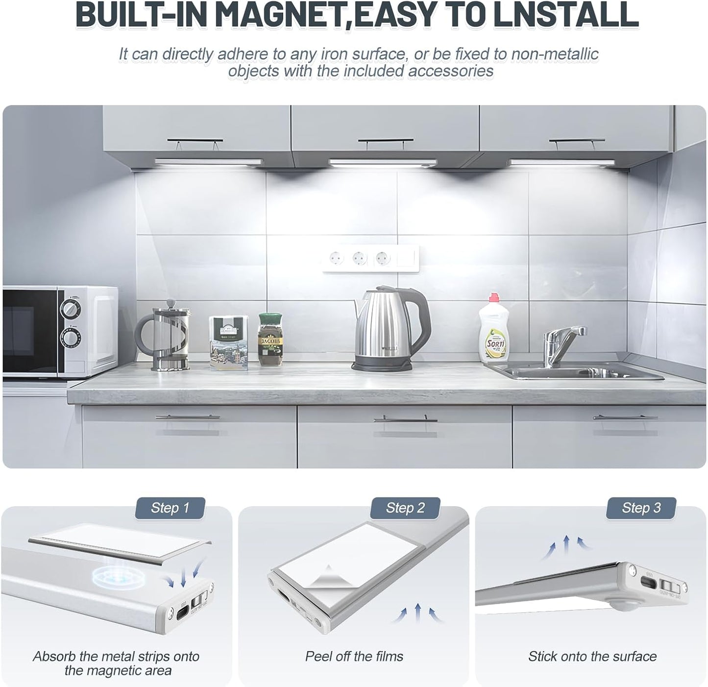 6 Pack Under Cabinet Lighting Wireless, 32 LED Rechargeable Battery Motion Sensor Light Indoor, Stick On Magnetic