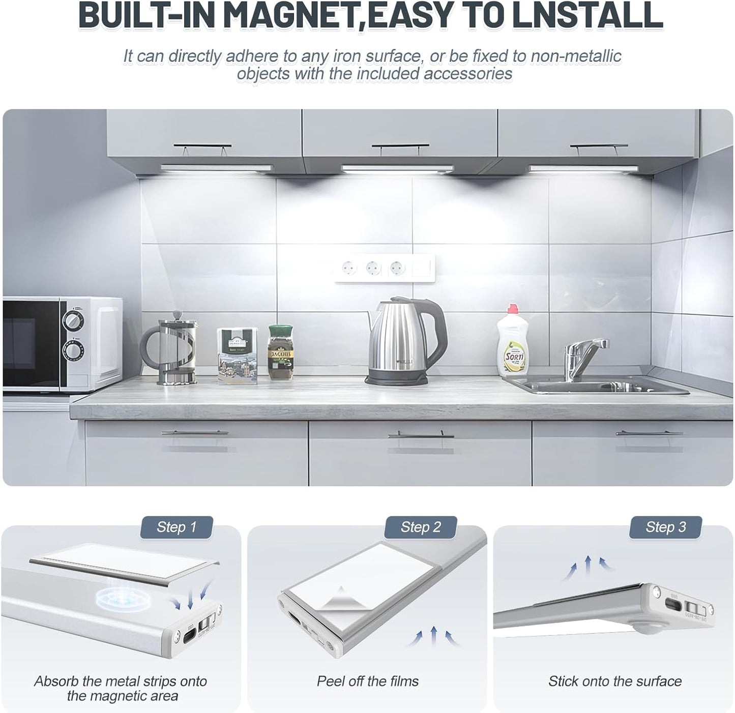 6 Pack Under Cabinet Lighting Wireless, 50 LED Rechargeable Battery Motion Sensor Light Indoor, Stick On Magnetic