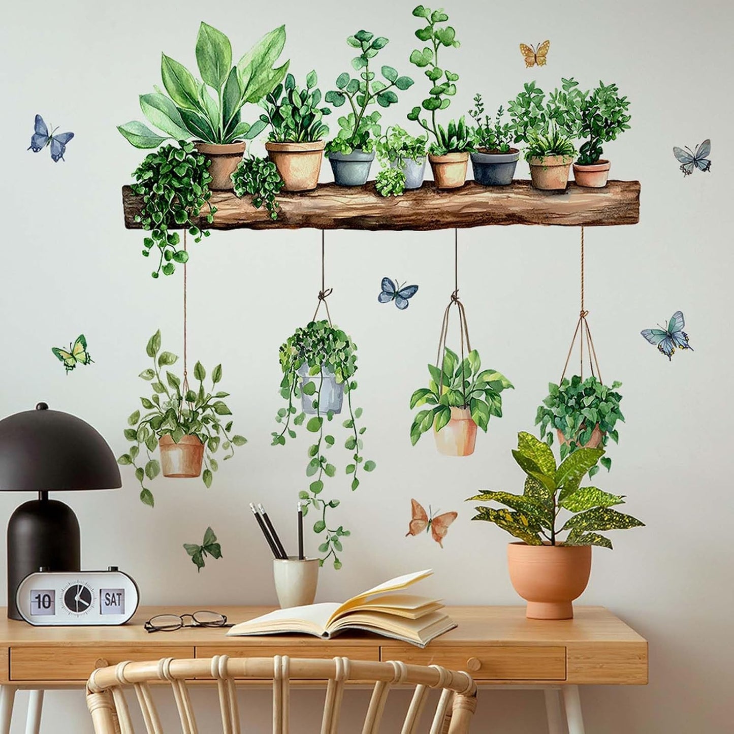 Plant Wall Decals 3D Bonsai Tropical Plant Butterfly Wall Sticker Creative Vinyl Peel / Green