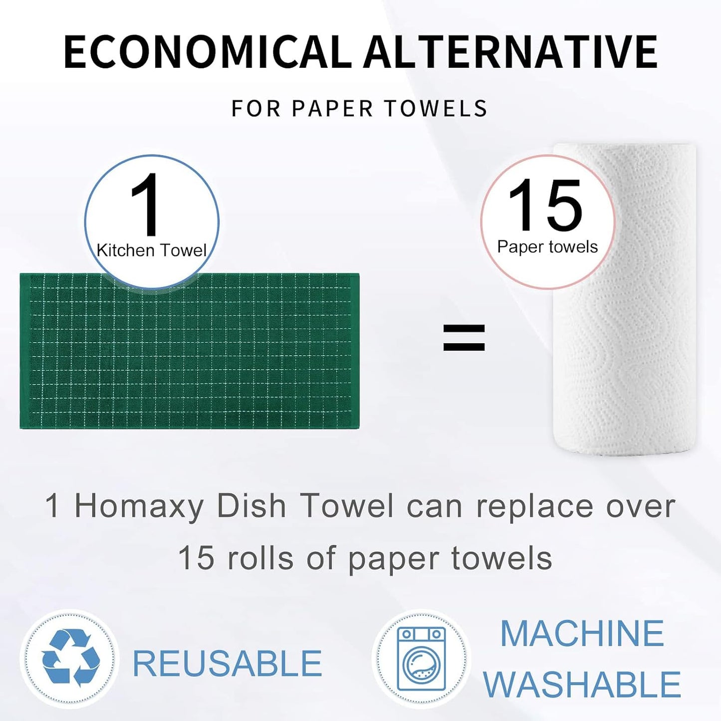 Homaxy 100% Cotton Terry Kitchen Towels, 12 Pack, Dark Green | Ultra Soft and Absorbent Dish Towels for Kitchen
