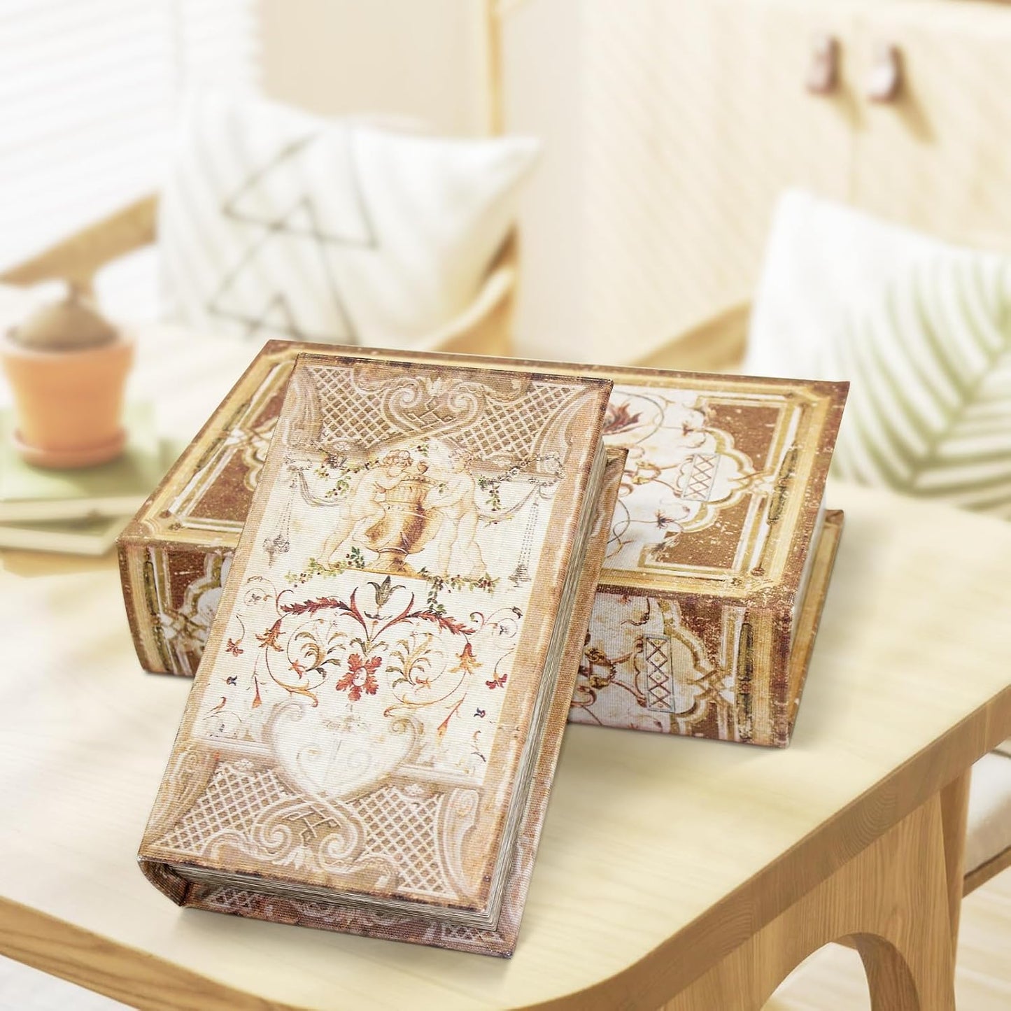 Magnetic Lock Faux Wooden Storage Book Box / Vintage Pattern / Set of 2