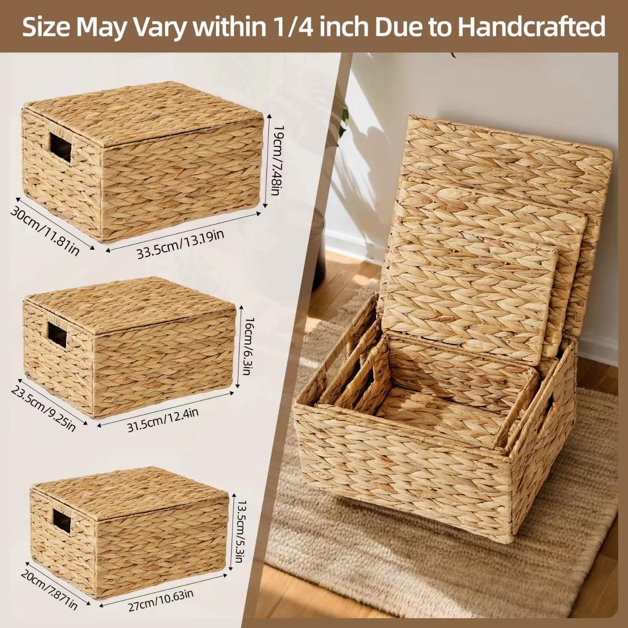 Wicker Storage Baskets / 13.19"D x 11.81"W x 7.48"H / Natural / Set of 3