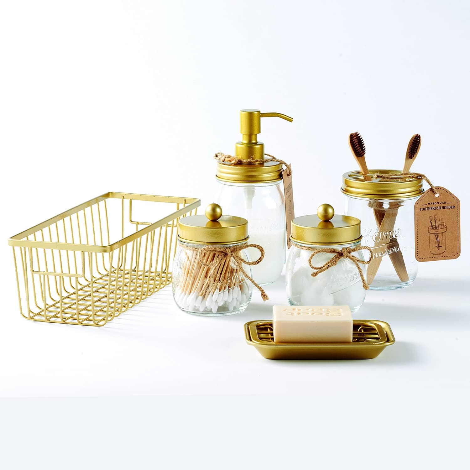 SheeChung Mason Jar Bathroom Accessories Set, 6Pcs Rustic Bathroom Set,Gold | Glass Bathroom Accessory Set, Soap