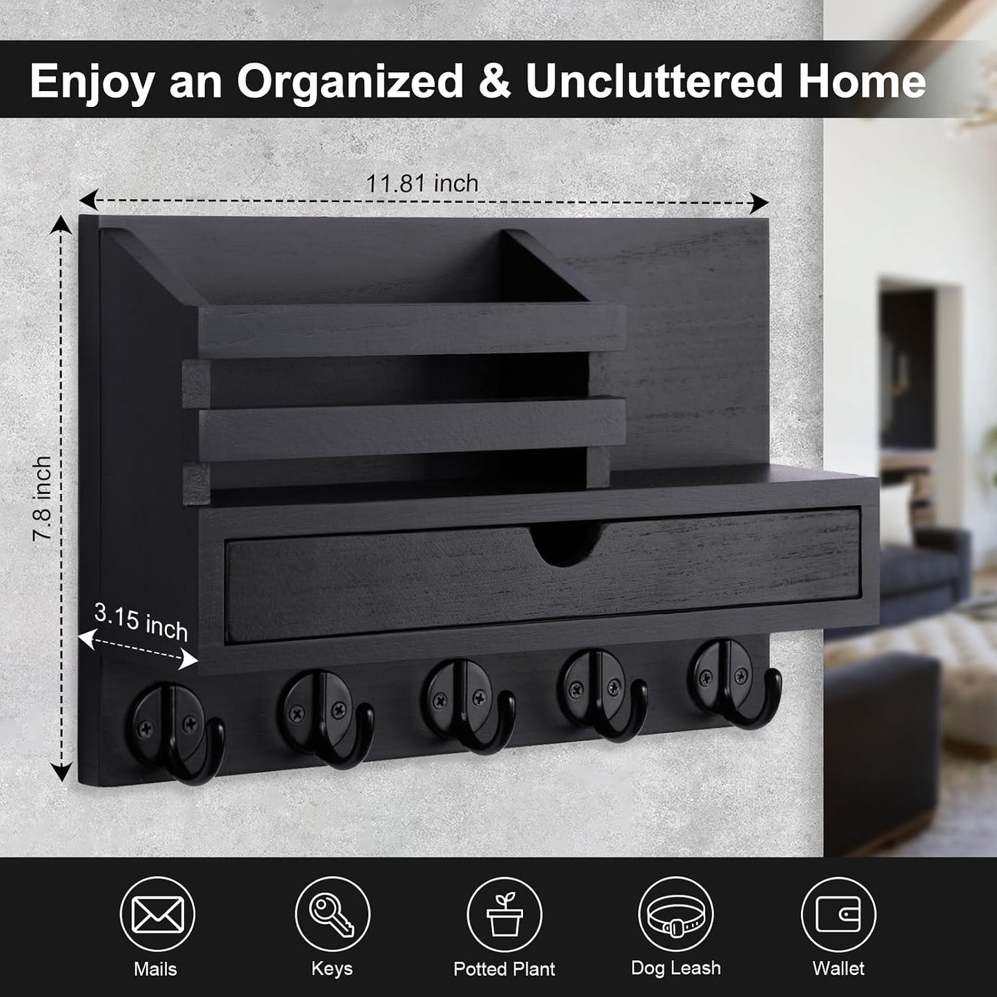 Mail Holder / Home Decor Rack / Black / Standard - 11.8 Inch