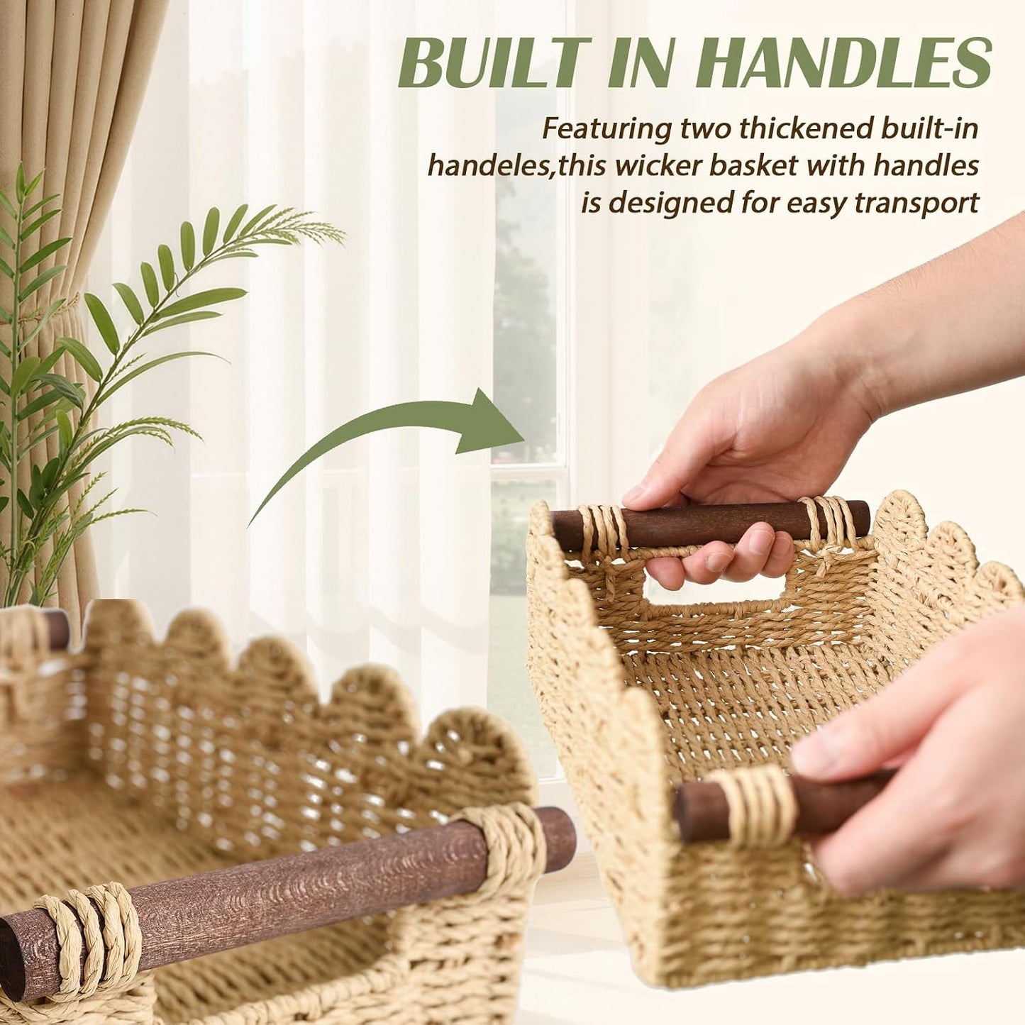 Scalloped Basket / Wicker Basket for Organizing / Beige