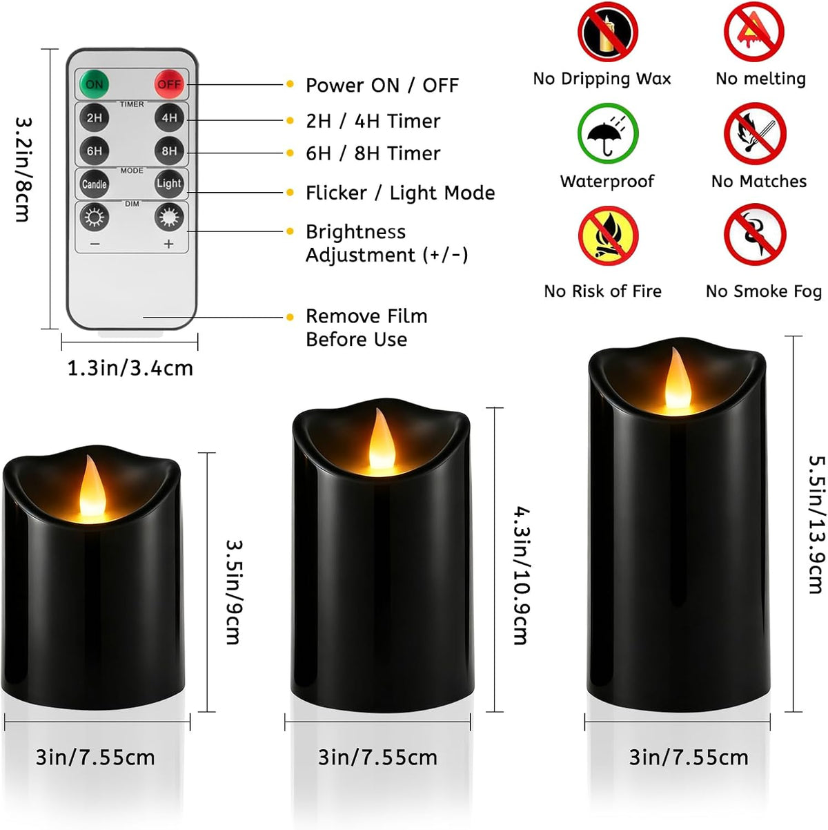 Outdoor Flameless Candles, Patented 3D Dual-LED, Set of 9 Slanted Resin Pillars with 2 Remotes, Bulk Party Decor for