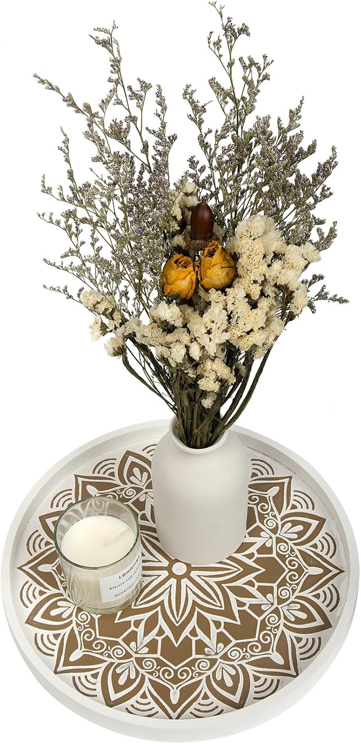 Wood Texture Boho Ottoman Serving Tray / White