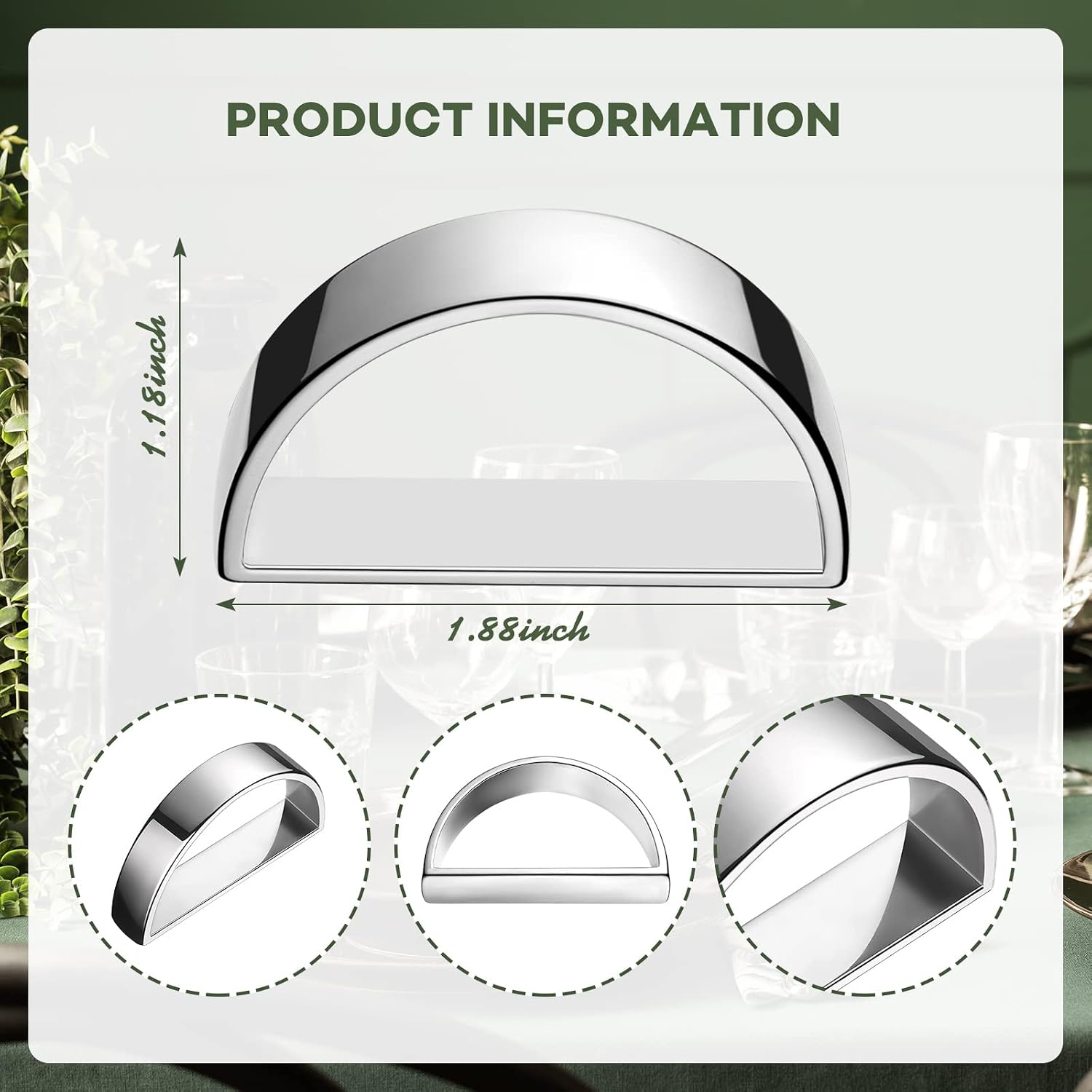 Chengu 20 Pcs Silver Napkin Rings Stainless Steel, Bright Silver Semicircle | Semicircle Holders for Dinner Party