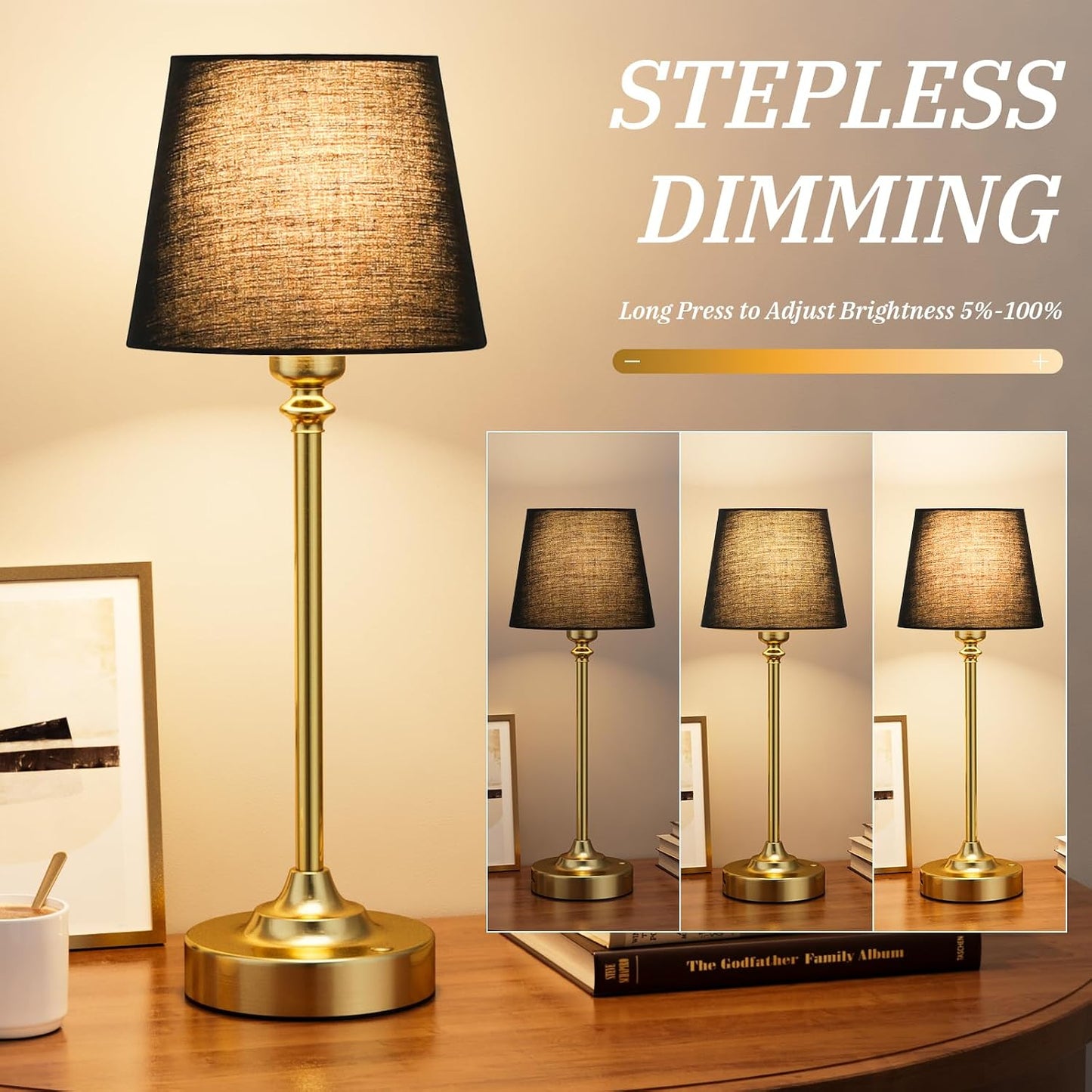 Kakanuo Cordless Table Lamps Rechargeable Set - 2 Pack Brass 4000mAH Battery Operated Lamps for Decor, 3000K Stepless