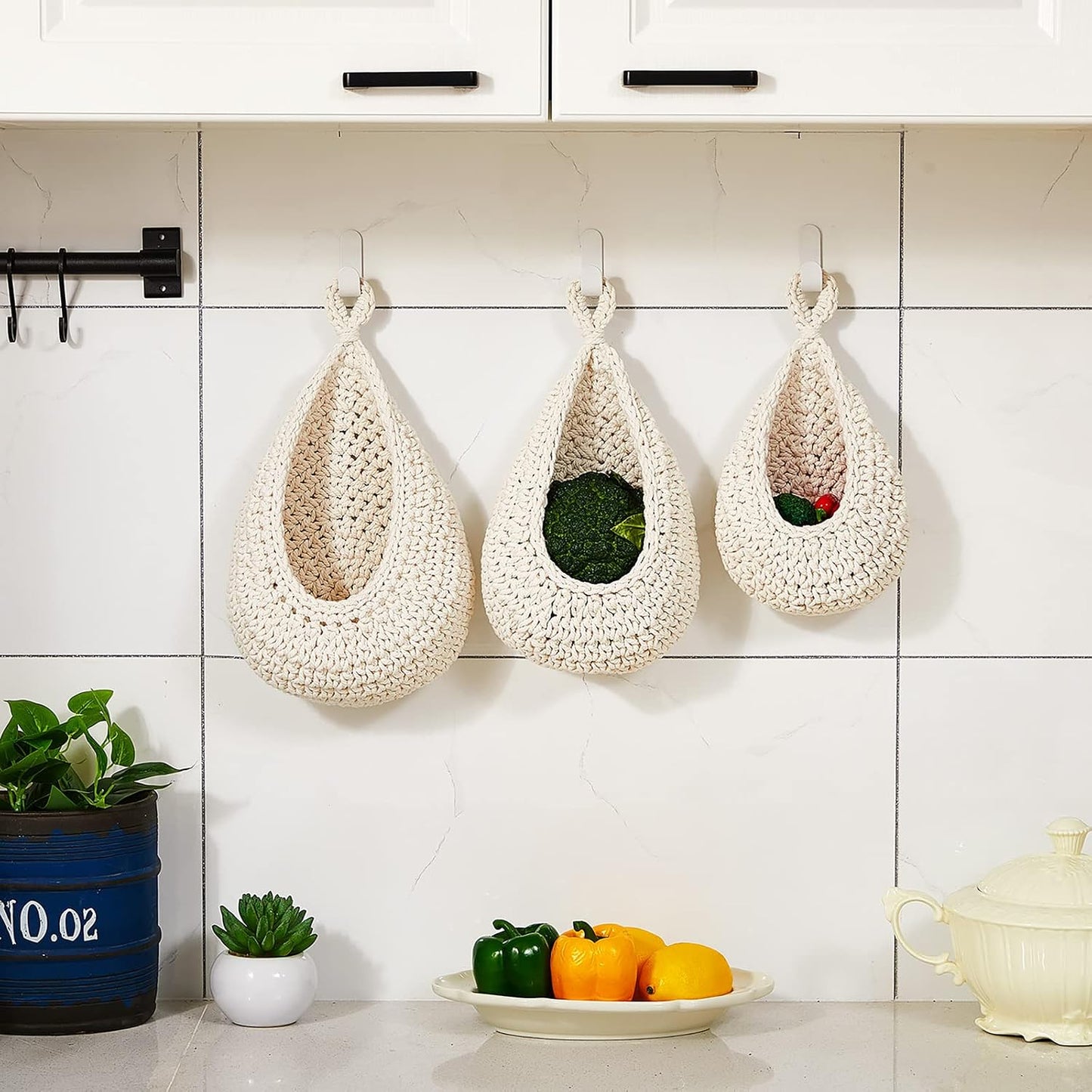 Boho Decor Hanging Wall Baskets / White / Cotton Rope / Teardrop / Set of 3