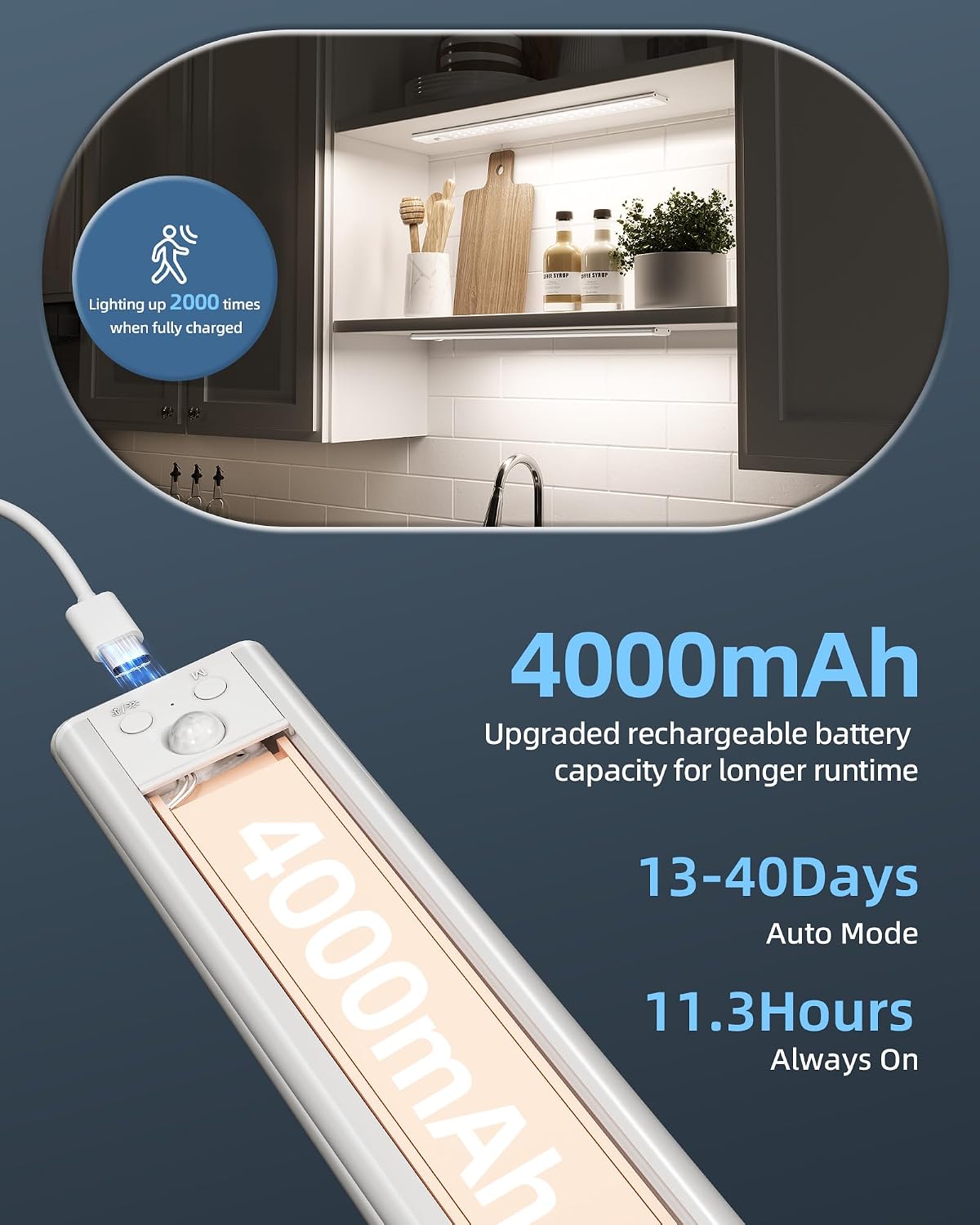 17" Under Cabinet Lights, Motion Sensor Light, Wireless Closet Lights, 3 Color Temps, 4000mAh Rechargeable, Magnetic