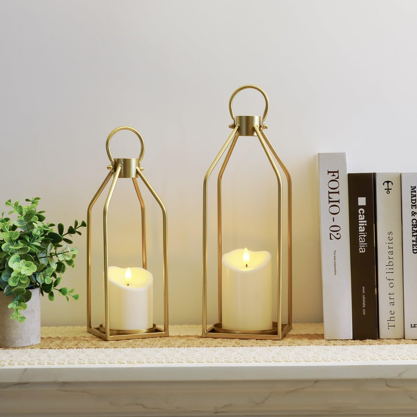 Homemory Modern Farmhouse Gold Metal Lanterns 2PCS with Flameless Candle | Waterproof Lantern Design Outdoor Indoor