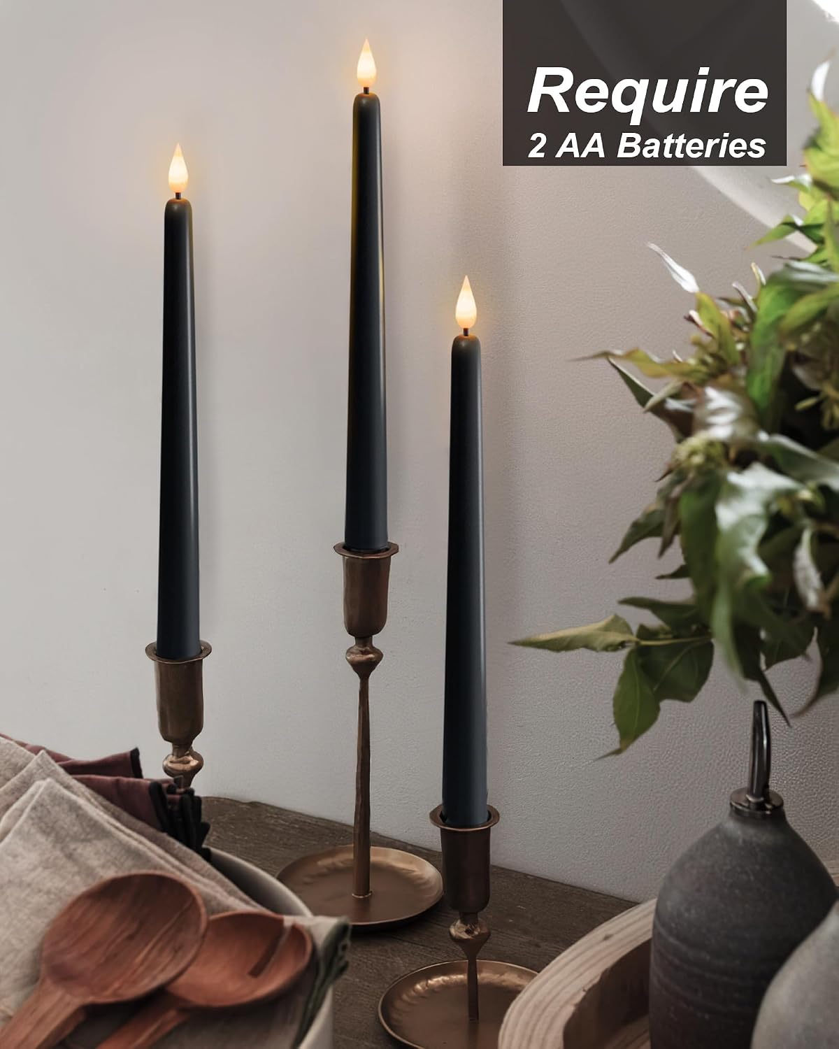 Homemory 12 Pcs Black Flameless Taper Candles Flickering, NO Remote, 11 Inches Taper Candles Battery Operated