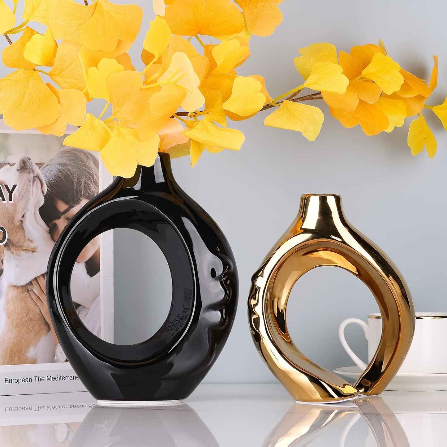 Round Boho Vase for Pampas Grass / Black / Set of 2