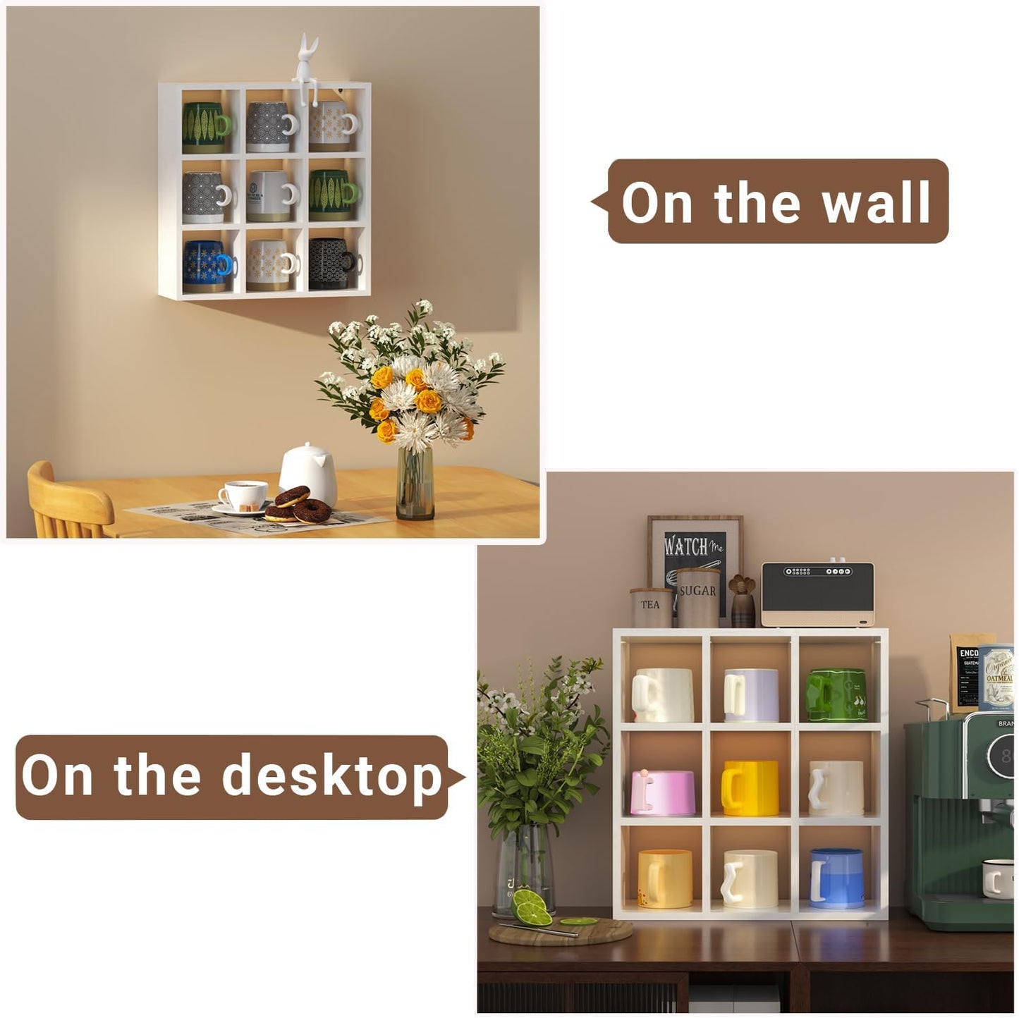 Helsin 9 Grid Vintage Coffee Mug Display Rack, 16inch Wall Mounted Wooden Curio Shadow Box Shelf, Cup Floating Shelves
