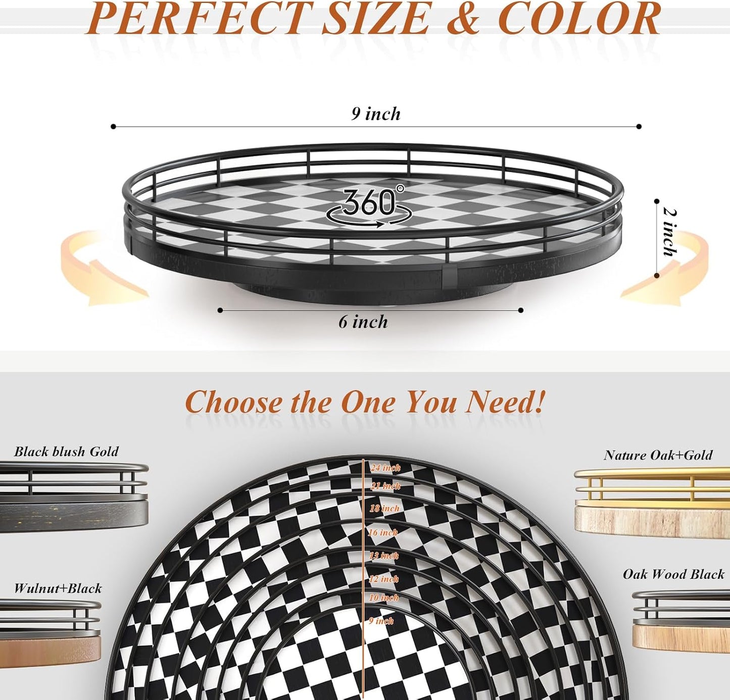 Checkered Round Decorative Tray / Black & White / 9 Inches