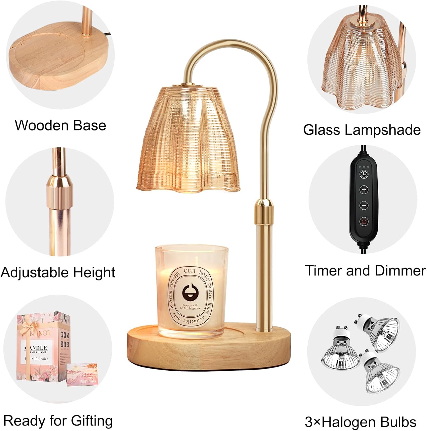 Candle Warmer Lamp with Timer & Dimmer, Candle Warmer Height Adjustable, Fits All Jar Scented Candles, Candle Lamp with