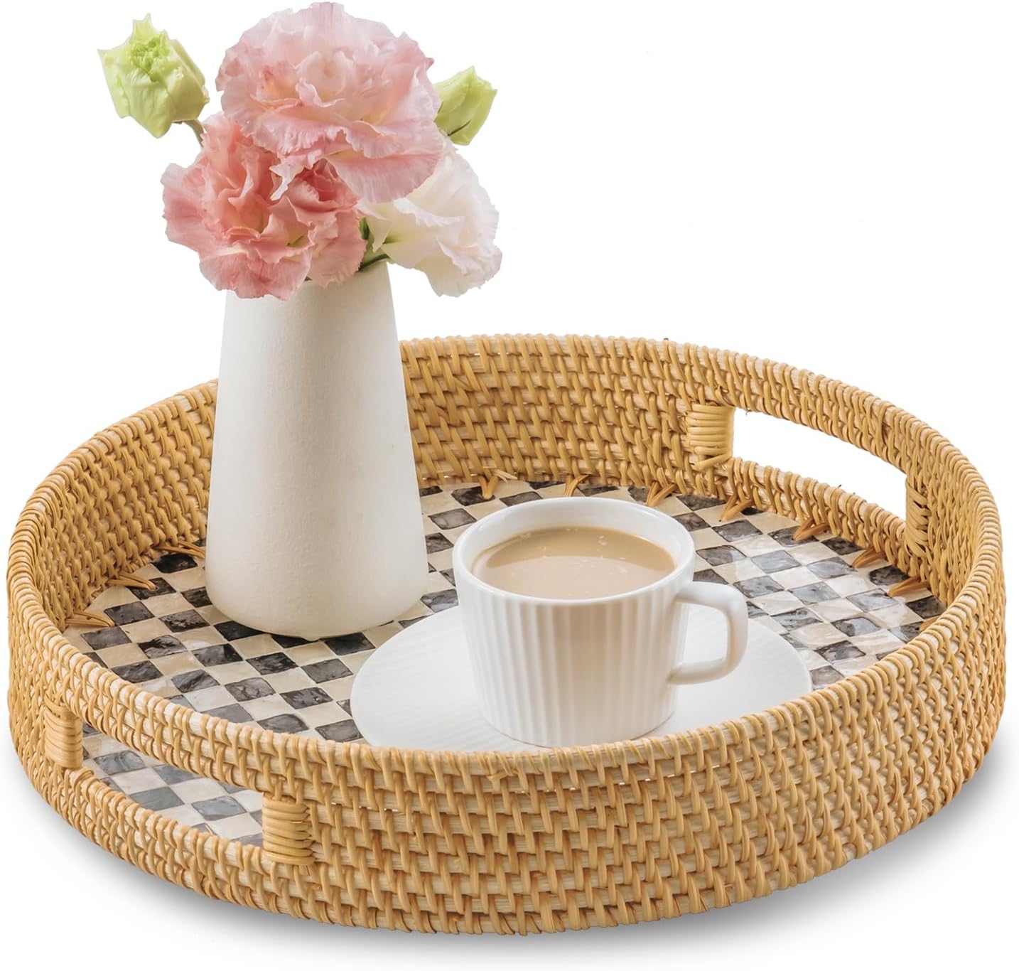 in Round Rattan Serving Tray / Black / 13.8 Inch