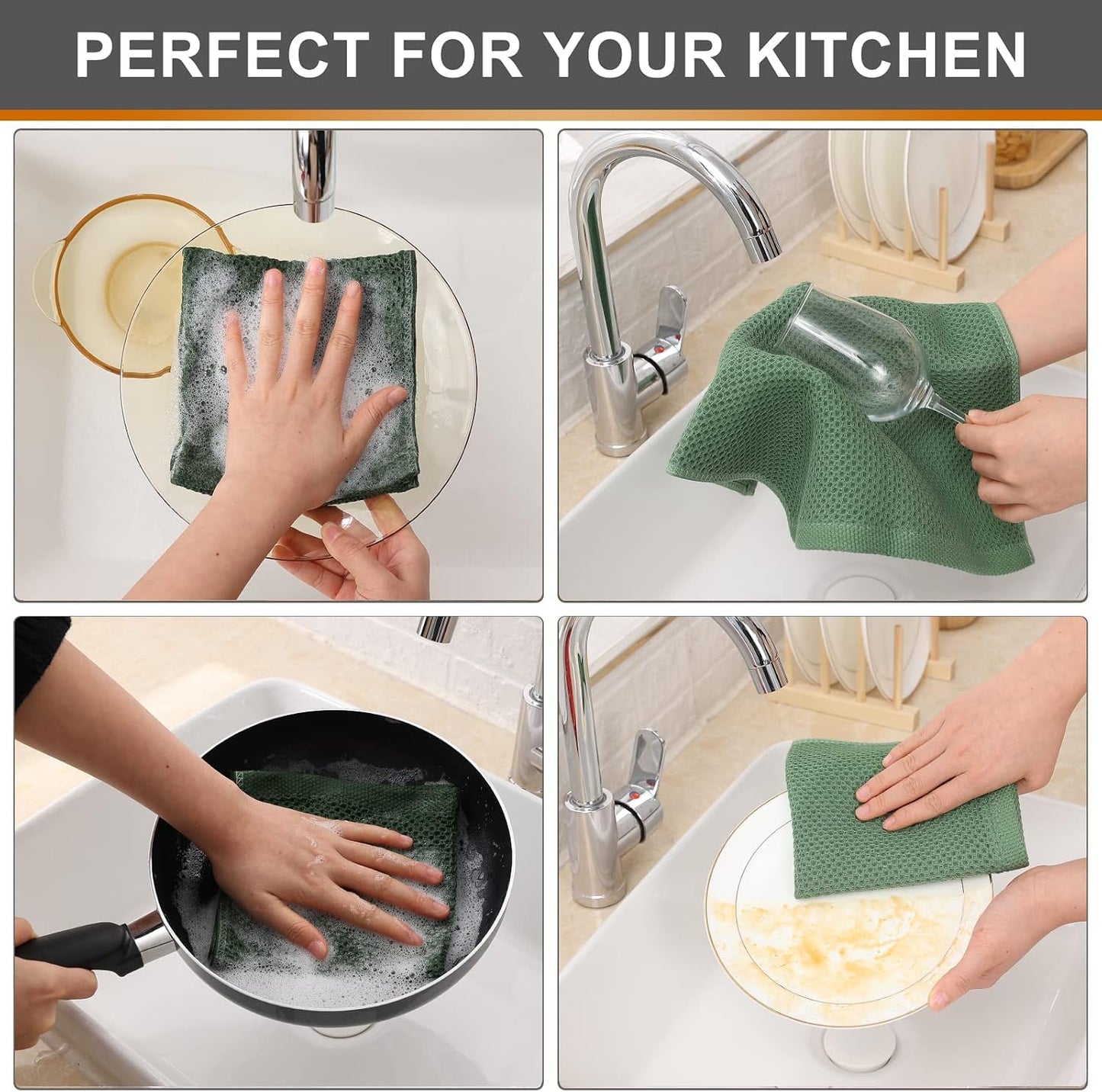 Kitinjoy 100% Cotton Waffle 12-Pack Kitchen Towels, 12" x 12", Grass Green | Ultra Absorbent, Super Soft, lightweight