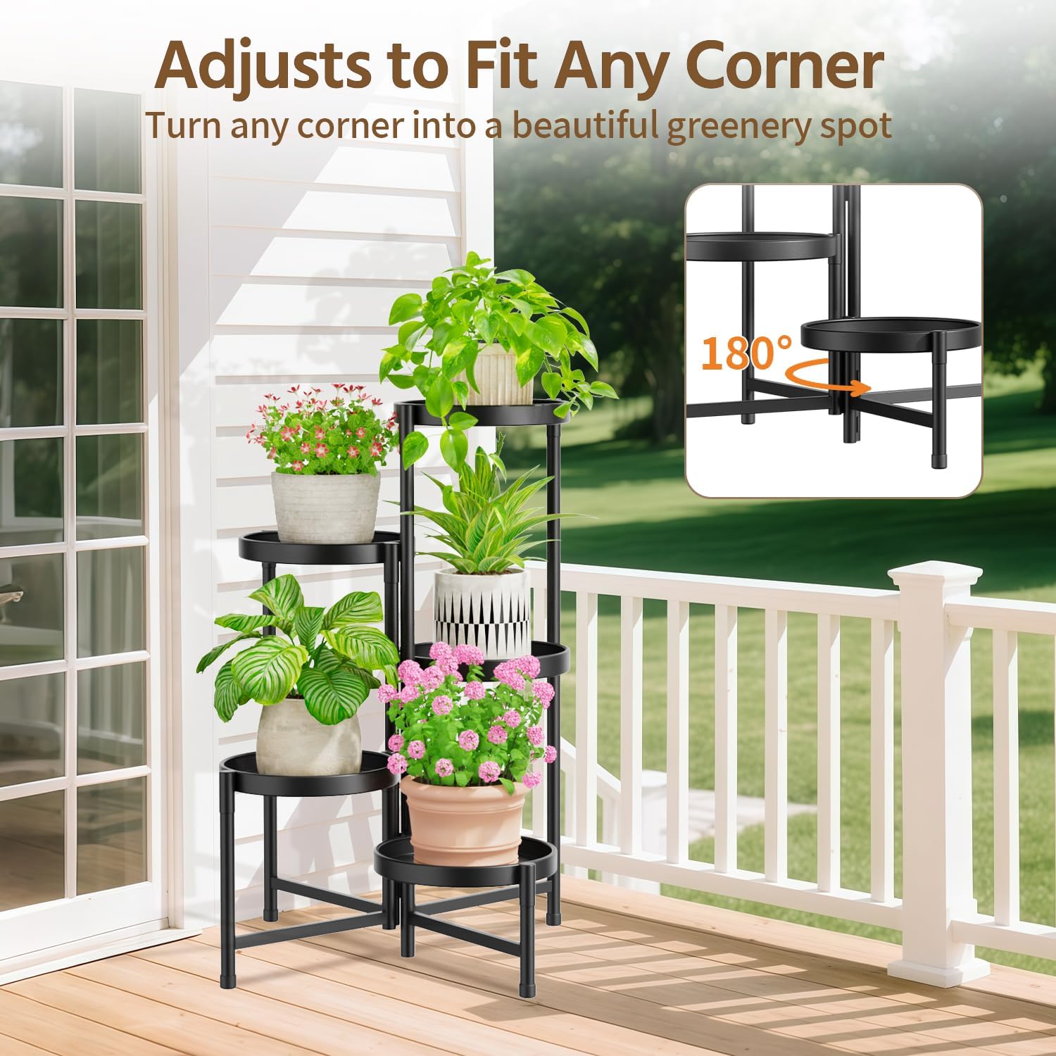 LASZOLA Plant Stand Indoor with 10 Inch Large Metal Tray, 5 Tier Black | Corner Tall Folding Flower Display Rack