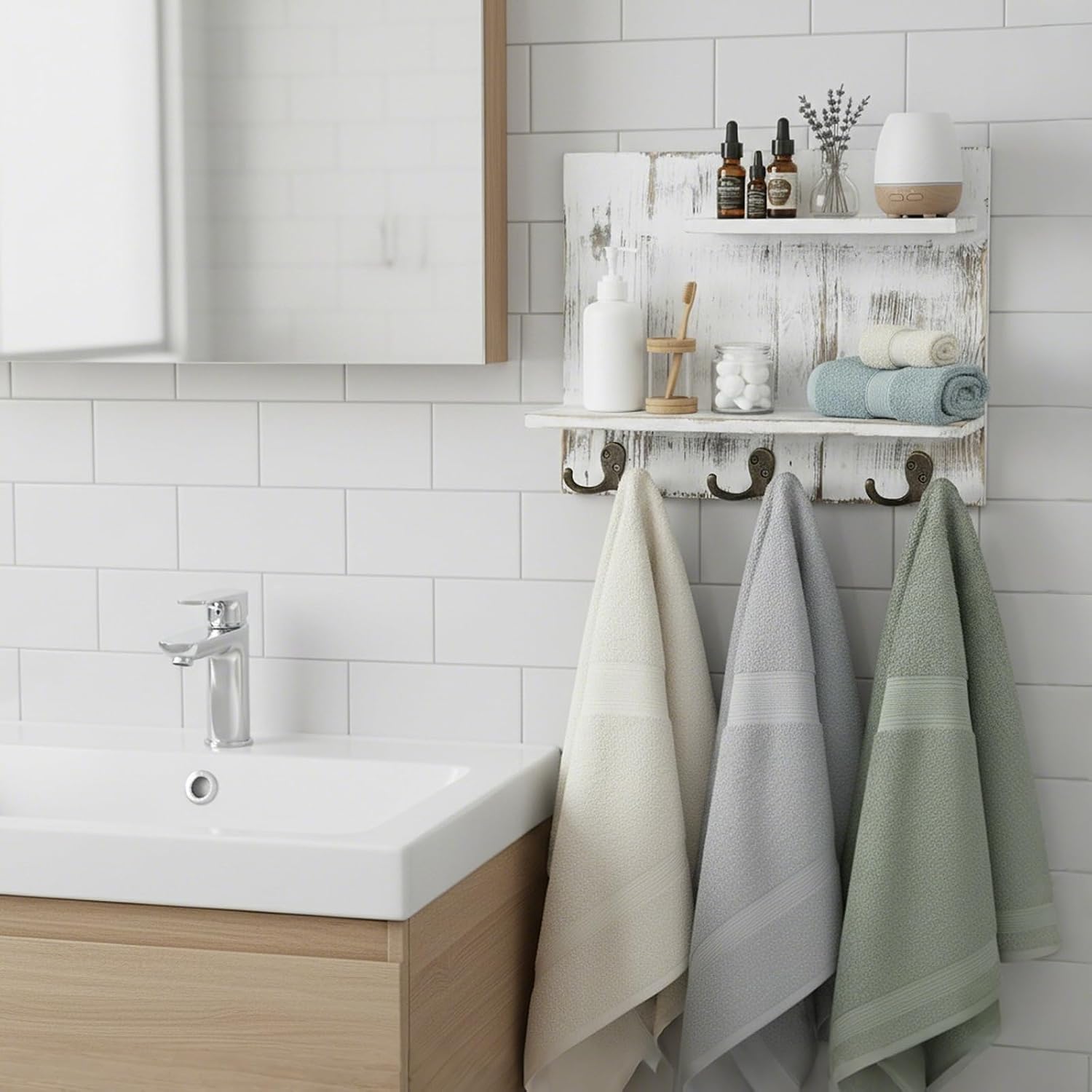 MyGift 2 Tier Wall Mounted Shabby White Washed Solid Wood Bathroom Storage Shelves, Decorative Entryway Floating Shelf