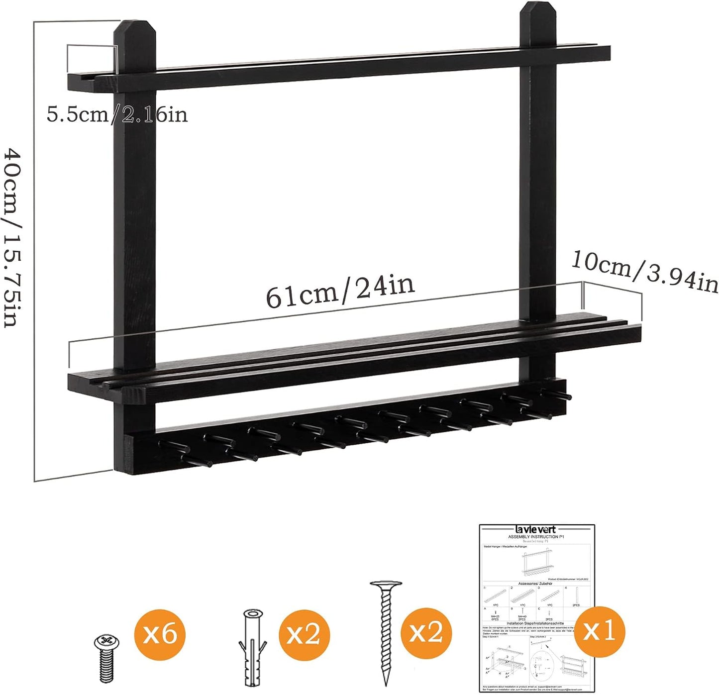 LAVIEVERT Wooden Medal Hanger & Trophy Shelf, Wall-Mounted Race Display with 2 Tier Storage Shelf and 19 Hanging Bars