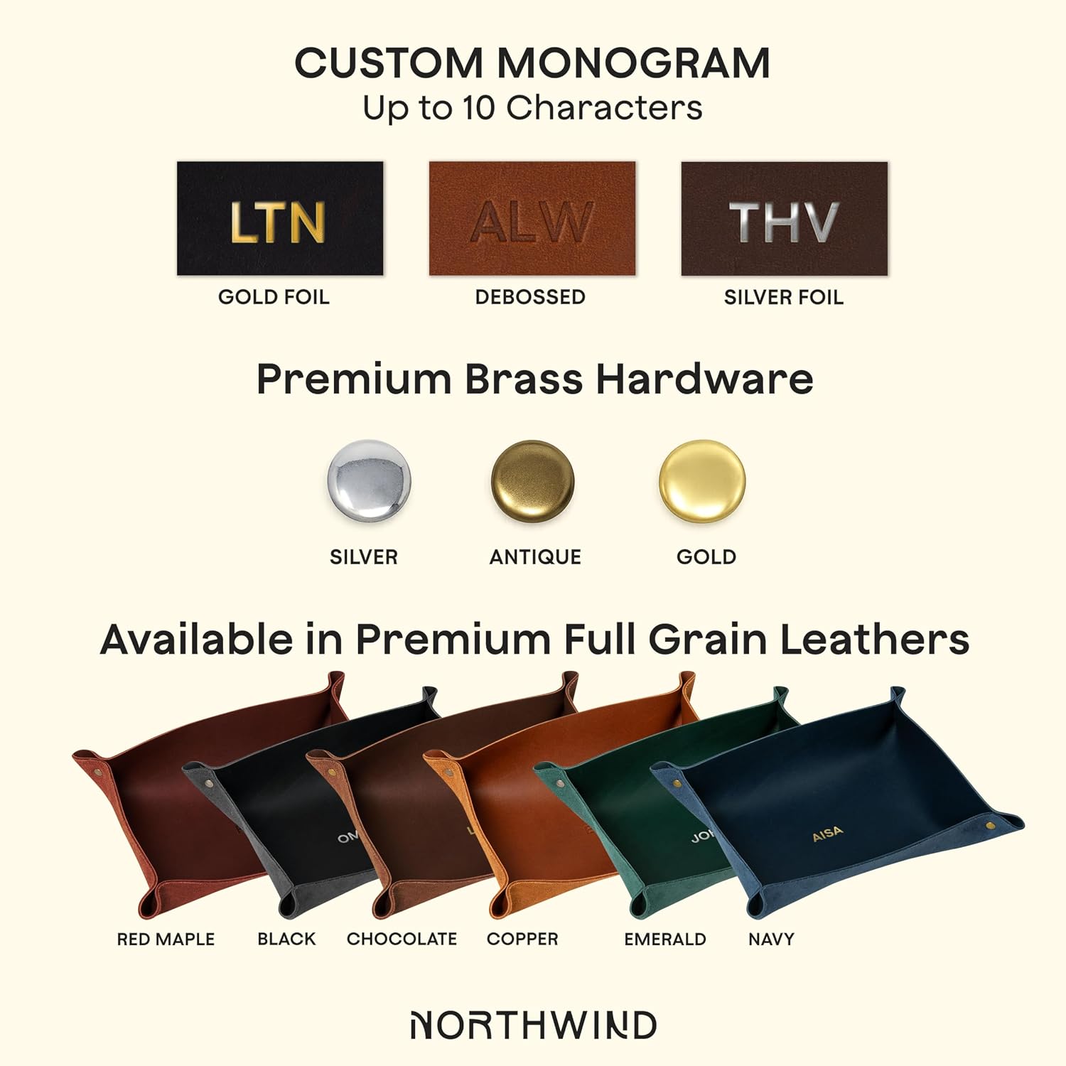 Northwind Personalized Leather Valet Tray – Made in USA - Custom Monogramed Full Grain Leather Catchall Tray for Men