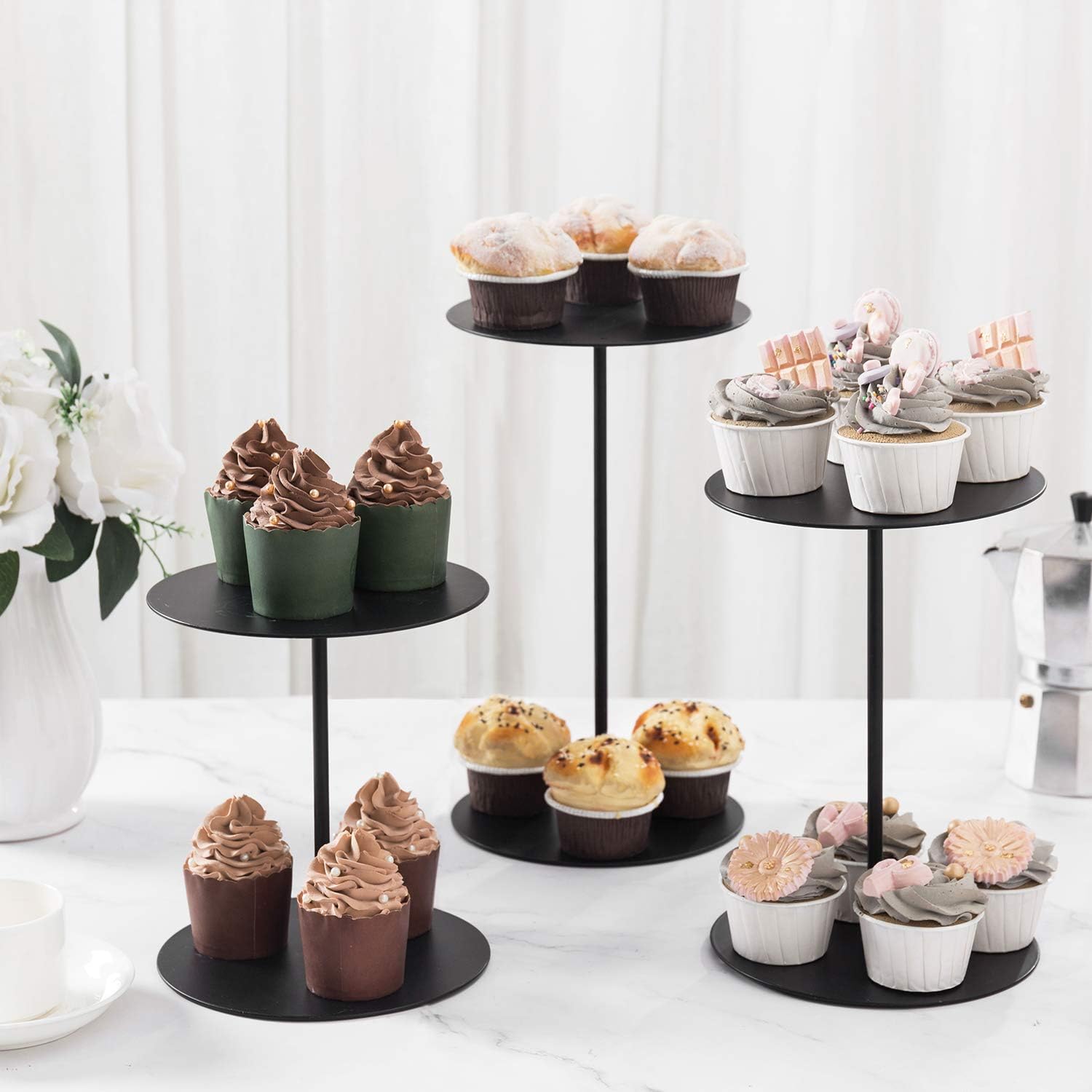 MyGift Decorative Black Metal Cupcake Stand, Tabletop Food Display Riser, Retail Showcase Pedestal Stand, Set of 3