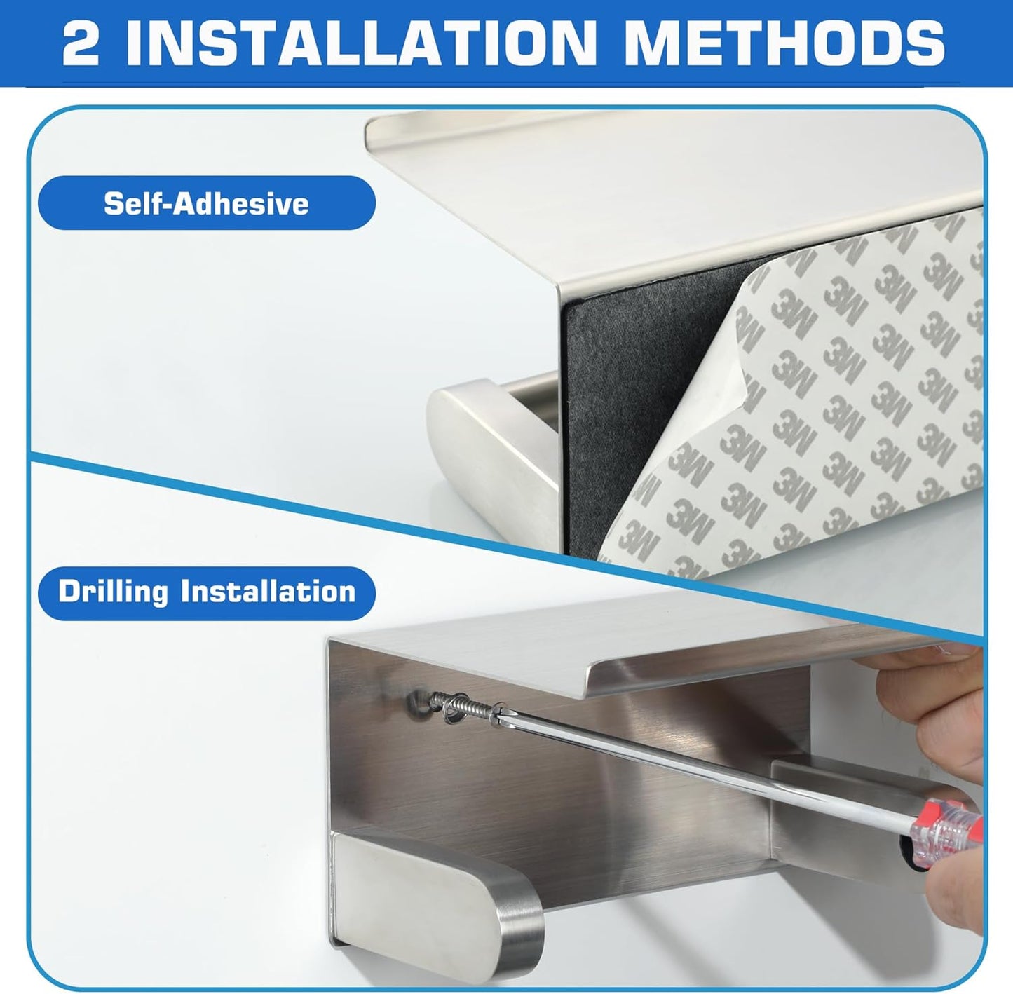 Alise Toilet Paper Holder with Shelf Wall Mount Adhesive or Drill,Brushed | SUS304 Stainless Steel Toilet Paper Roll