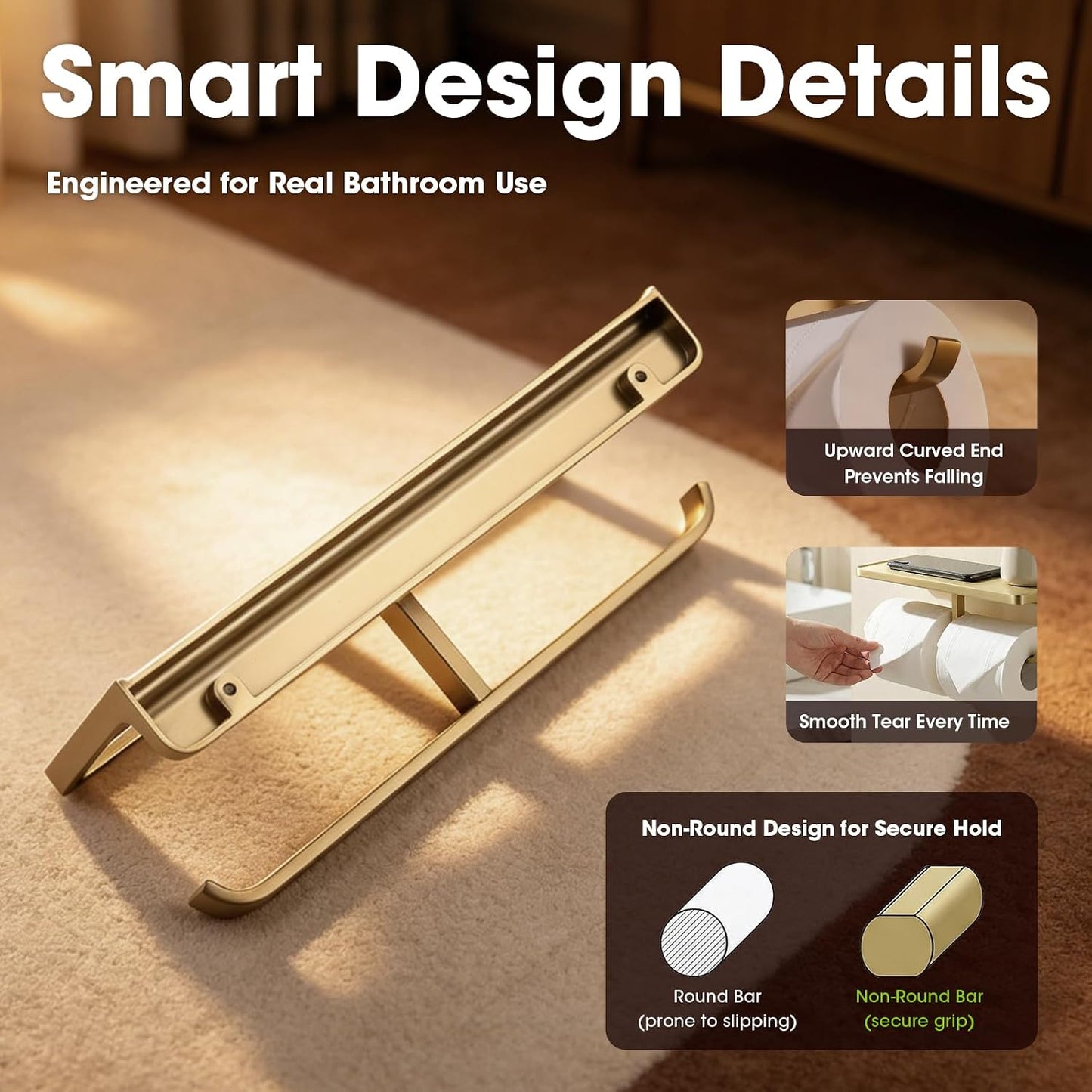 TRUSTMI Brushed Gold Dual Roll Toilet Paper Holder with Phone Shelf | Solid zinc alloy holder holds 11 lbs and fits