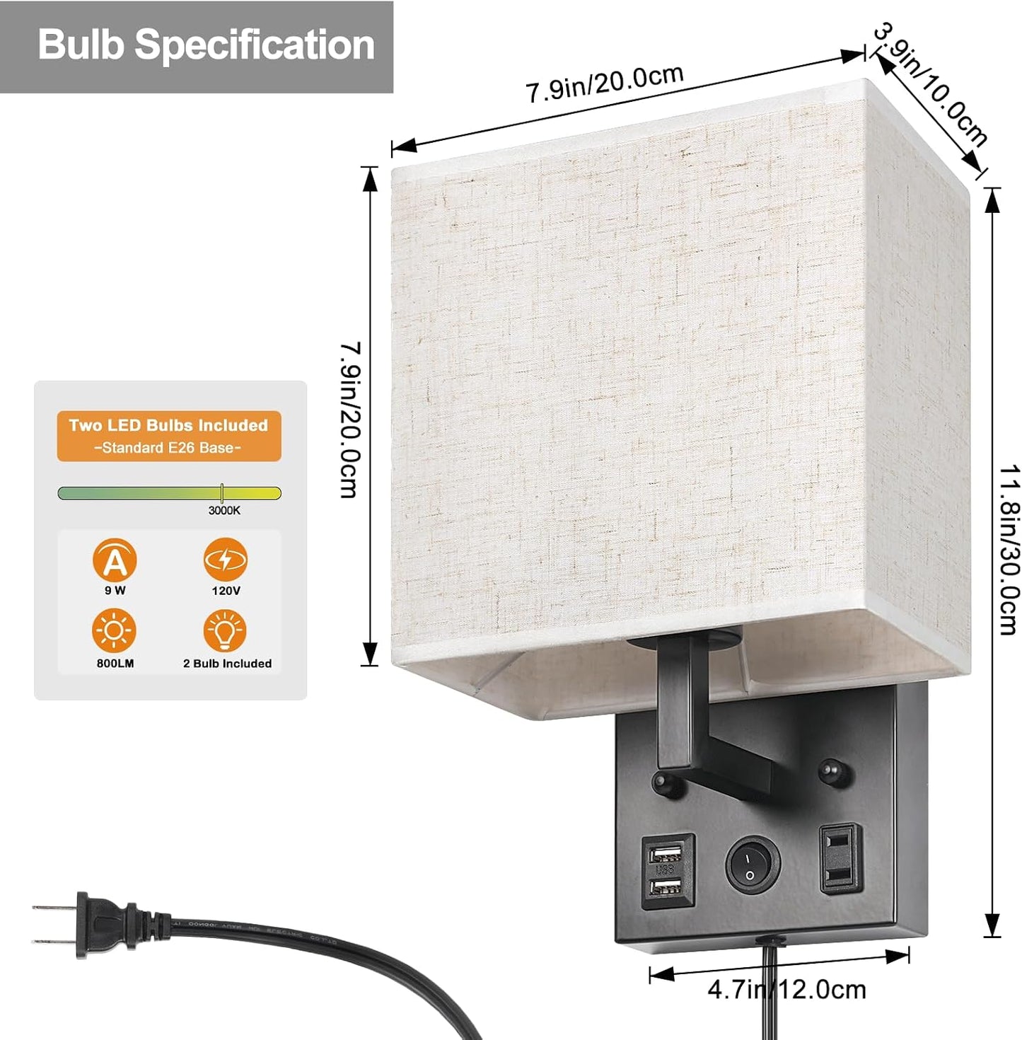 CADUKE Bedside Wall Lamp Set of 2, Plug in Wall Sconce with USB Charging Port and AC Outlet, Modern Black Brushed
