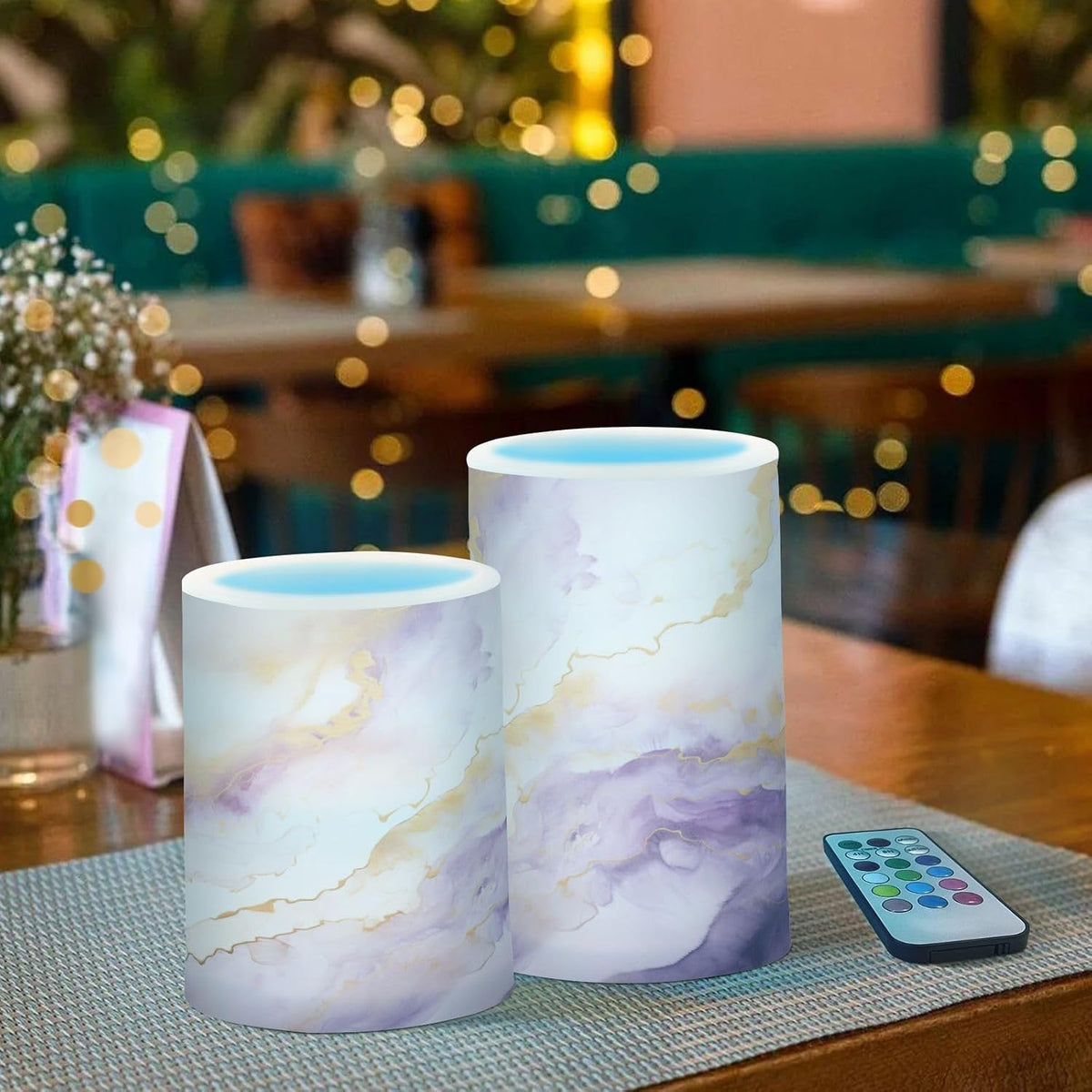 Flickering Flameless Candles, Purple Gold Marble LED Candles with Remote Timer, Set of 2 Battery Operated Candle for