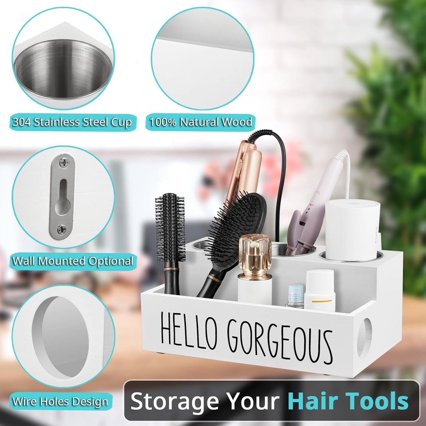 Bivvclaz Hair Tool Organizer, Wooden Hair Dryer Holder Countertop, Wall Mount Hot Tools Organizer for Hair Styling