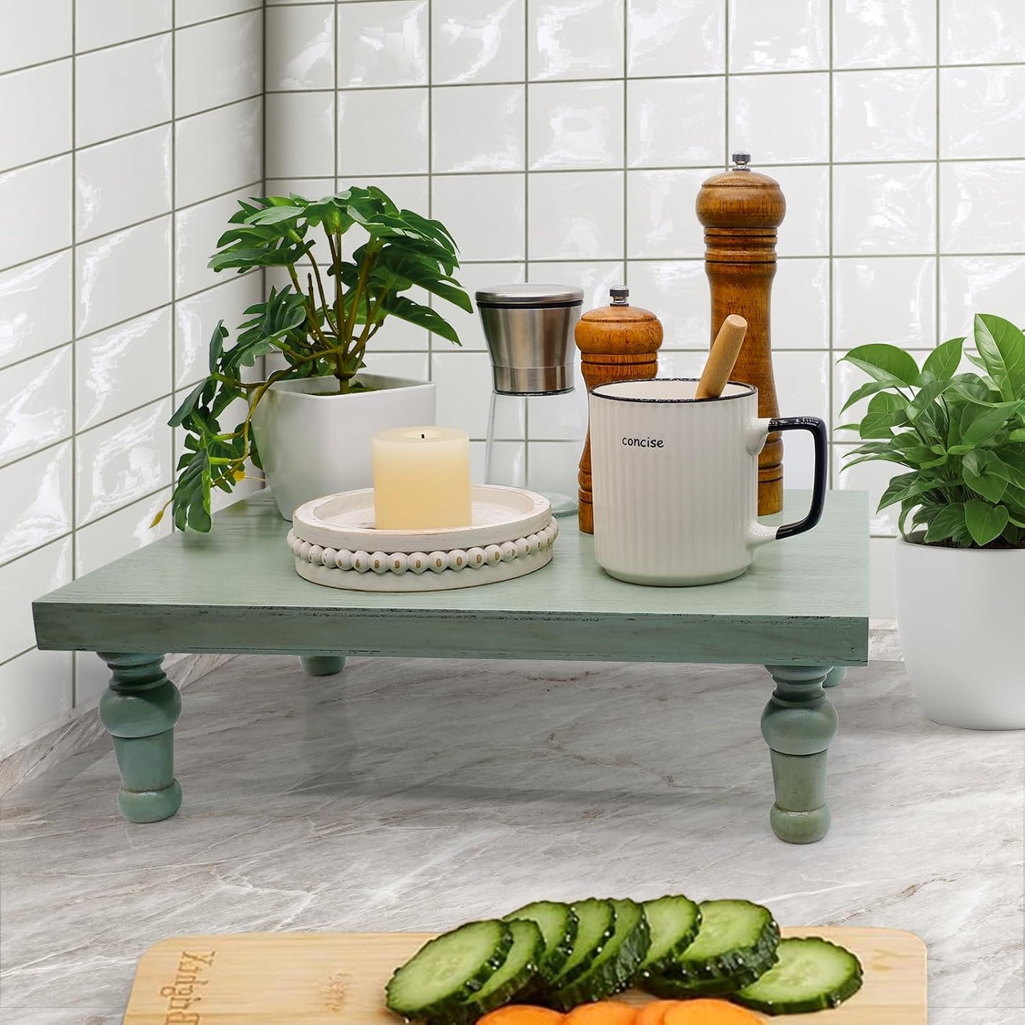 Wooden Riser Decorative Tray / Green
