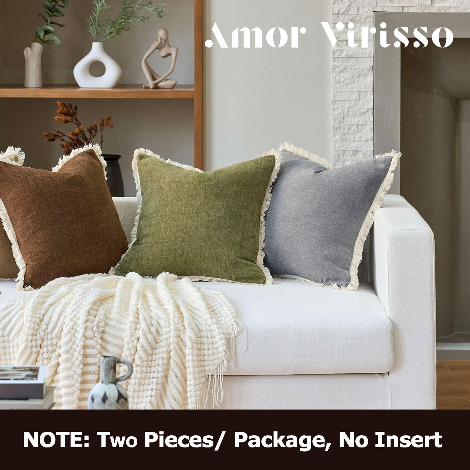 Fringe Throw Pillow Covers Boho Neutral Farmhouse Decorative / Light Grey / 18 x 18 / Set of 2