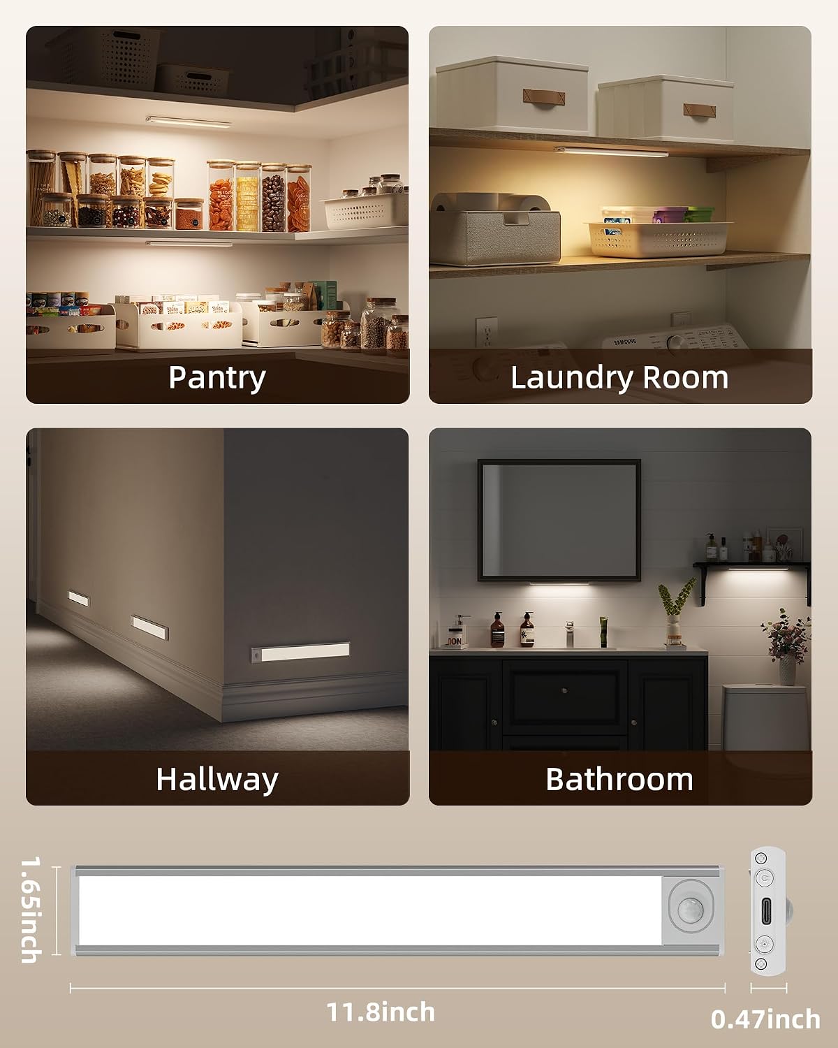Under Cabinet Lighting, 12inch Rechargeable Motion Sensor Light Indoor, 2400mAh Battery Operated Closet Lights, with
