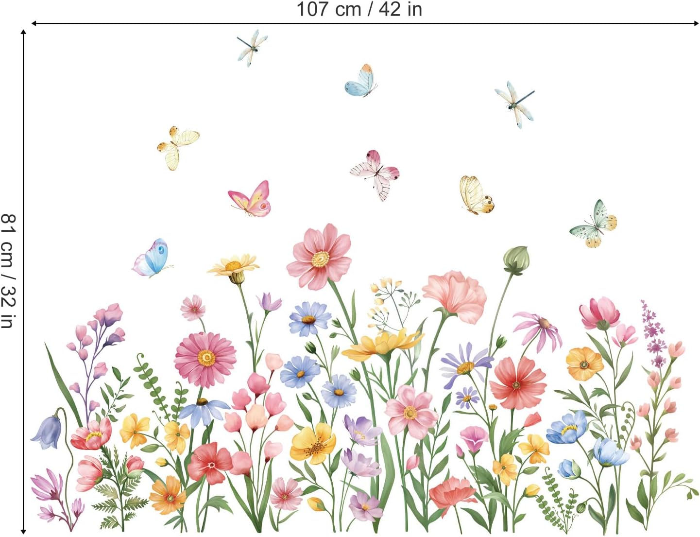 Wildflower Wall Stickers Garden Flower Daisy Butterflies Floral Botanical Wall Art Decals / Pink