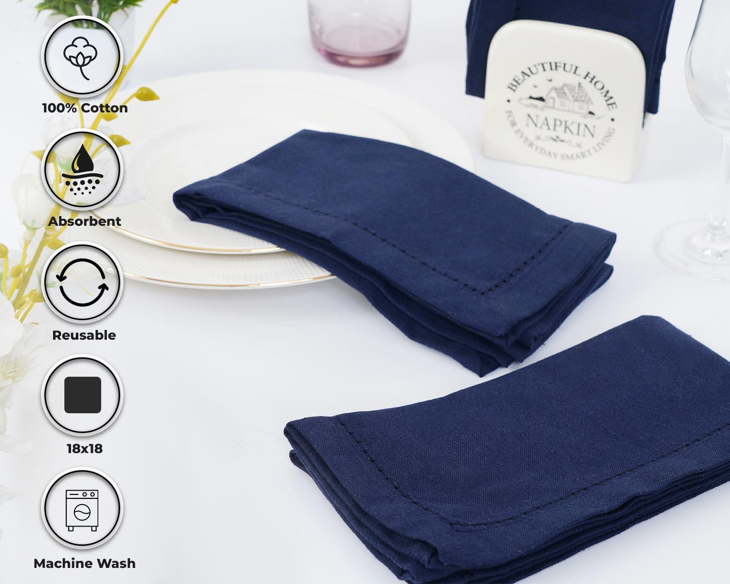 Blue Needles Navy Blue Hemstitch Linen Napkins Set of 12-100% Cotton Cloth Dinner Napkins 18x18 inches, Soft, Reusable