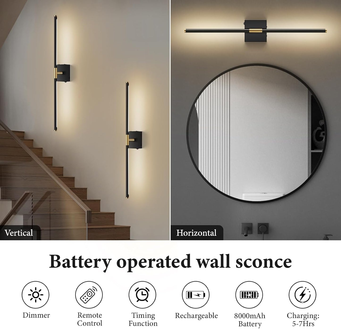 SAIMAND Battery Operated Wall Sconces Set of 2, Wireless Lights with Remote | USB Rechargeable Picture Lamp, 360°