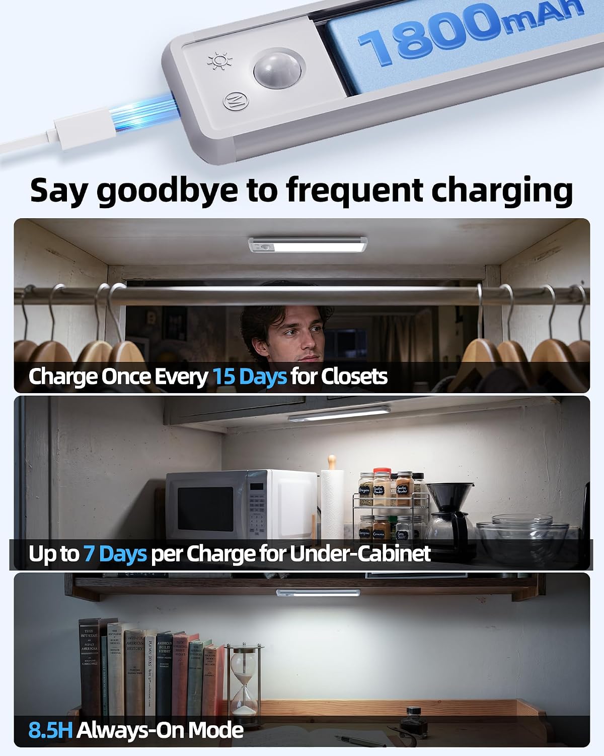 EZVALO 8-Inch LED Under Cabinet Lighting, Magnetic Wireless Motion Sensor Light, Rechargeable 1800mAh, 3 Color